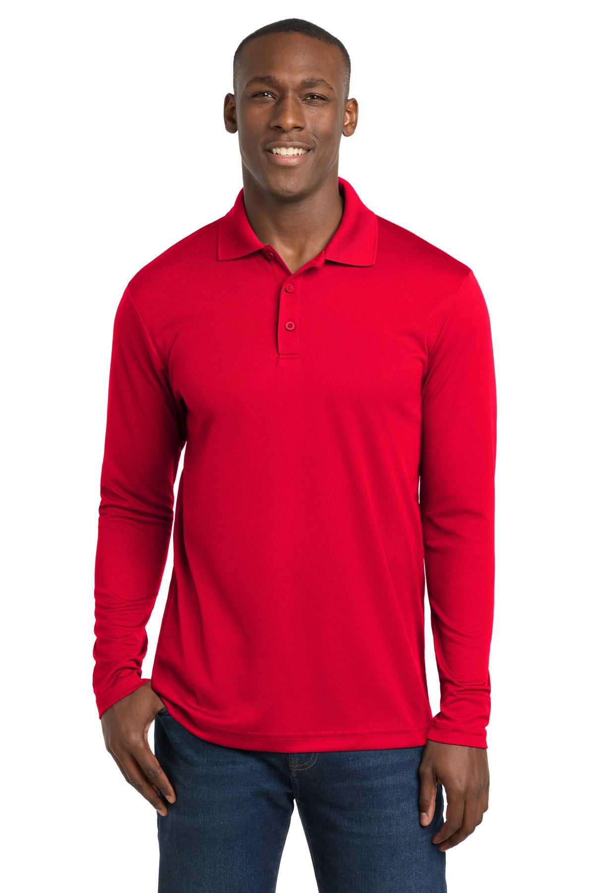 Custom True Red PosiCharge RacerMesh Long Sleeve Polo ST640LS, personalized by SanCanDo Swag in Argyle, TX