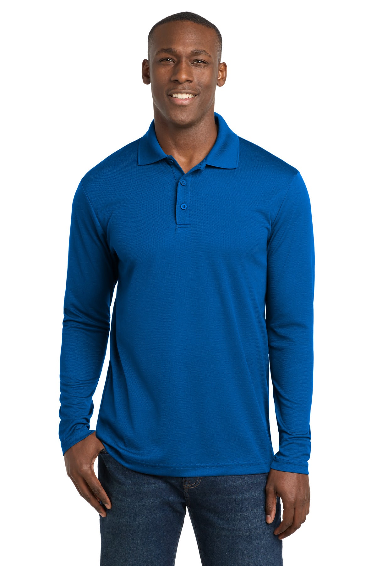 Custom True Royal PosiCharge RacerMesh Long Sleeve Polo ST640LS, personalized by SanCanDo Swag in Argyle, TX