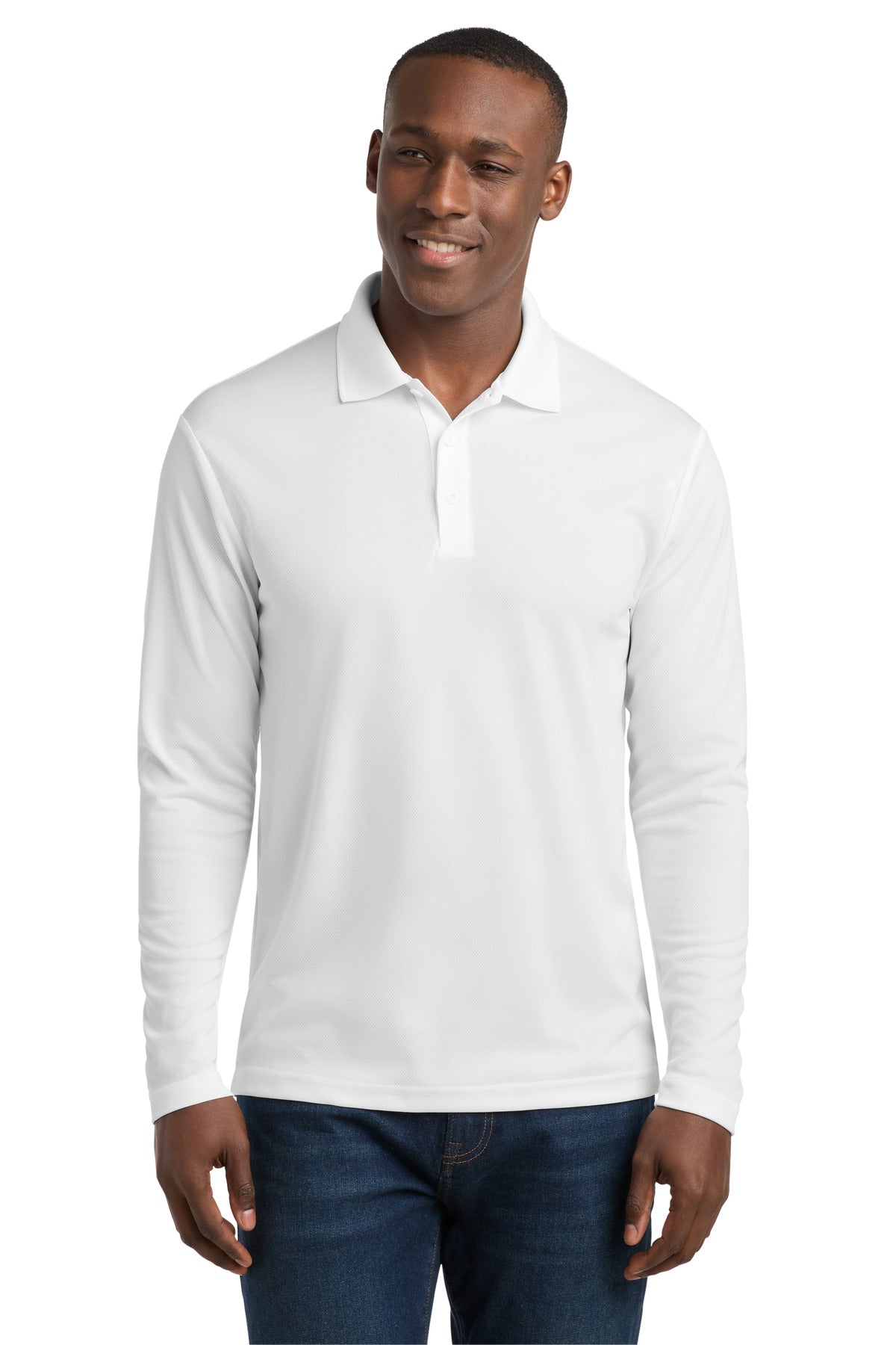 Custom White PosiCharge RacerMesh Long Sleeve Polo ST640LS, personalized by SanCanDo Swag in Argyle, TX