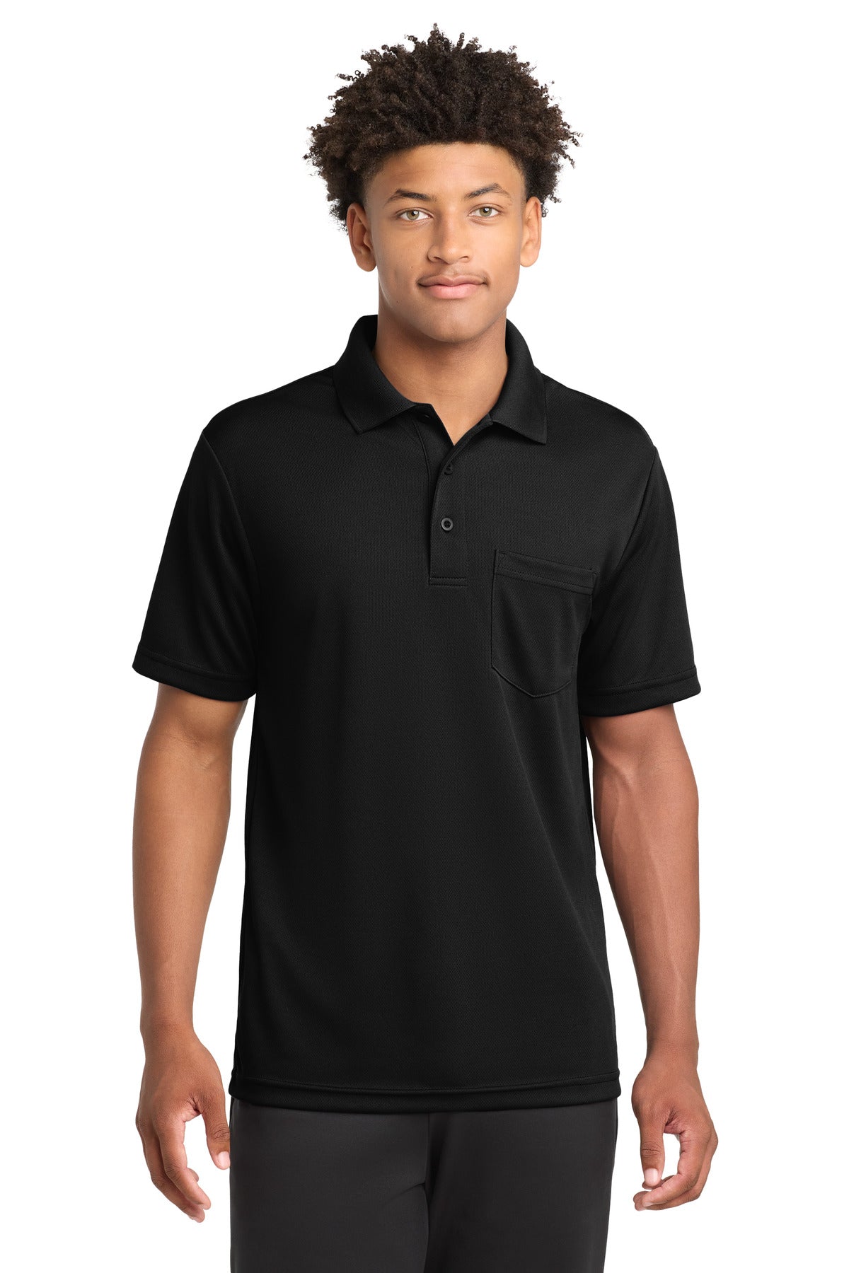 Custom Black PosiCharge RacerMesh Pocket Polo ST640P, personalized by SanCanDo Swag in Argyle, TX