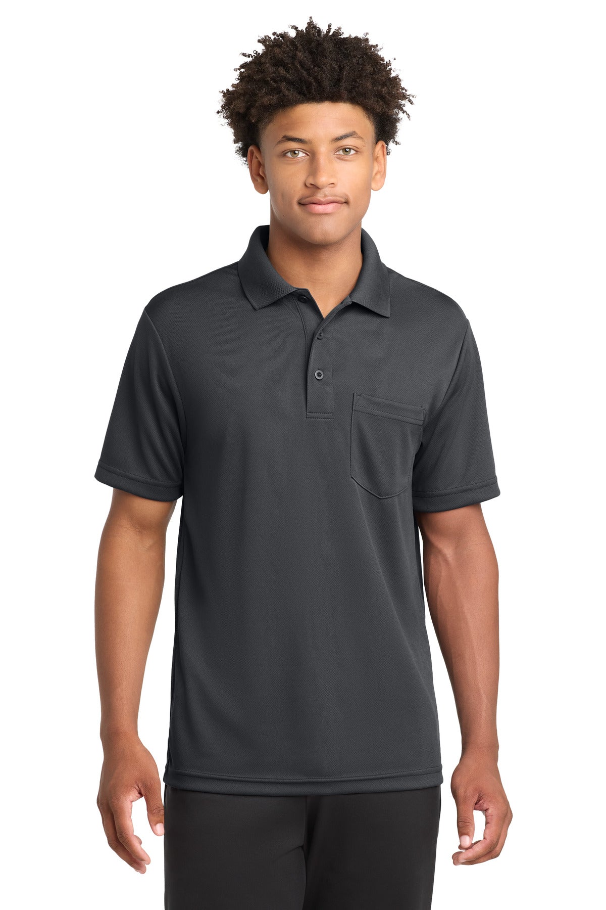 Custom Graphite PosiCharge RacerMesh Pocket Polo ST640P, personalized by SanCanDo Swag in Argyle, TX