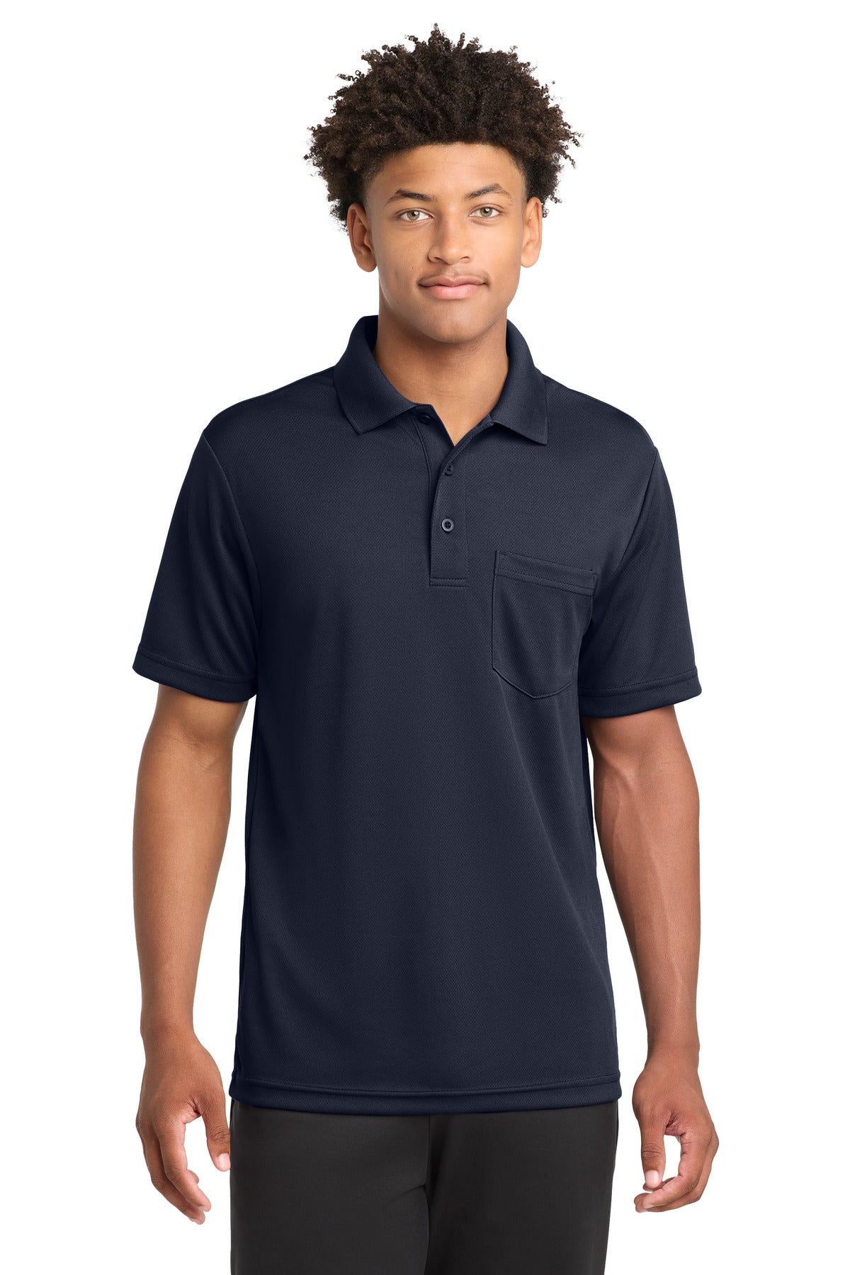 Custom True Navy PosiCharge RacerMesh Pocket Polo ST640P, personalized by SanCanDo Swag in Argyle, TX