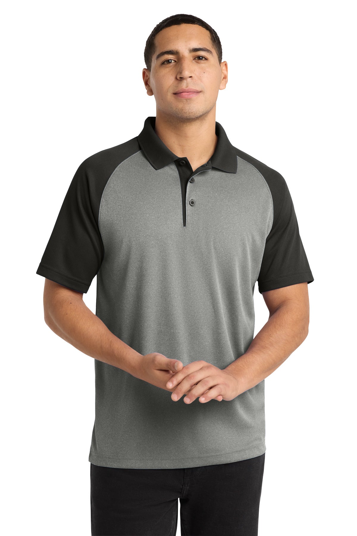 Custom Grey Heather/ Black Raglan Heather Block Polo ST641, personalized by SanCanDo Swag in Argyle, TX