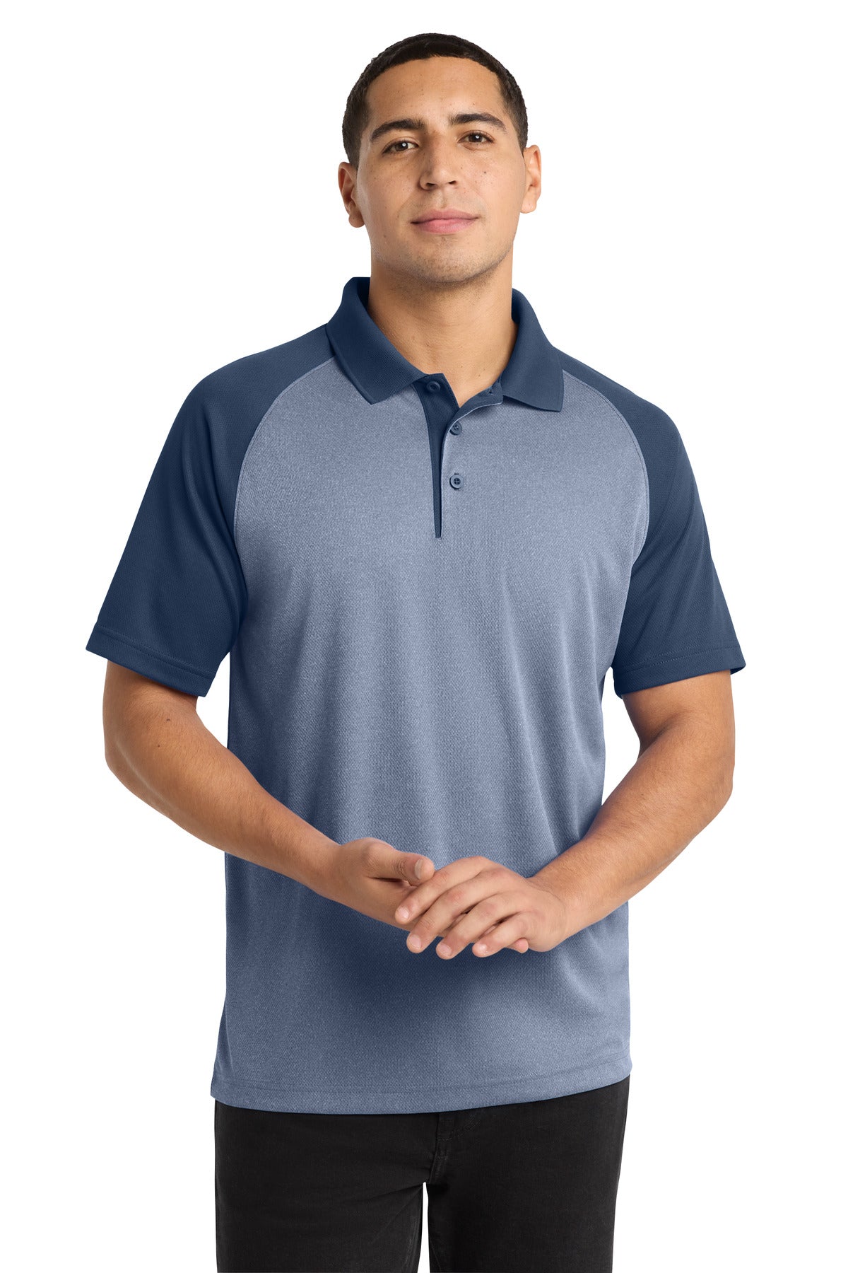Custom True Navy Heather/ True Navy Raglan Heather Block Polo ST641, personalized by SanCanDo Swag in Argyle, TX