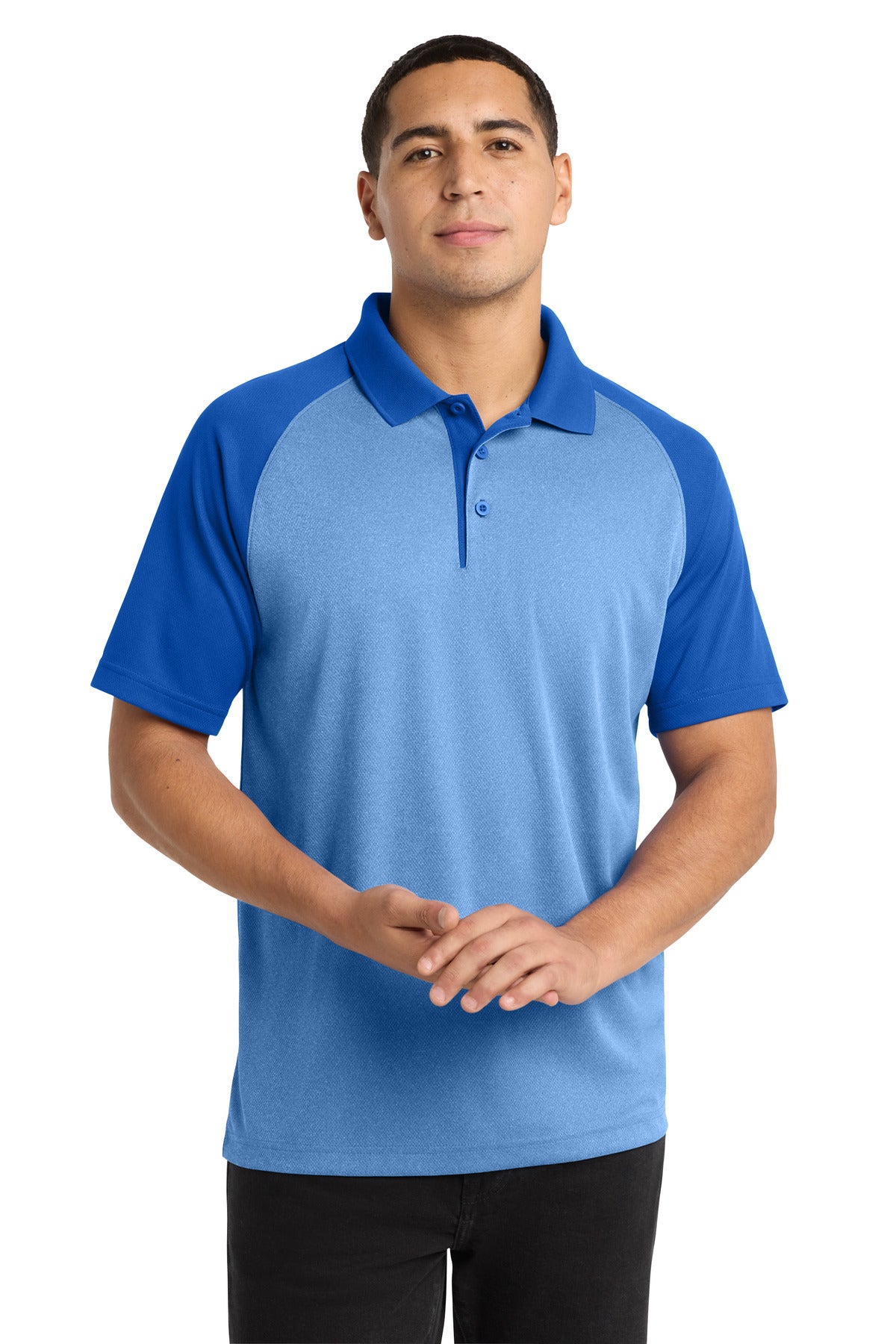 Custom True Royal Heather/ True Royal Raglan Heather Block Polo ST641, personalized by SanCanDo Swag in Argyle, TX