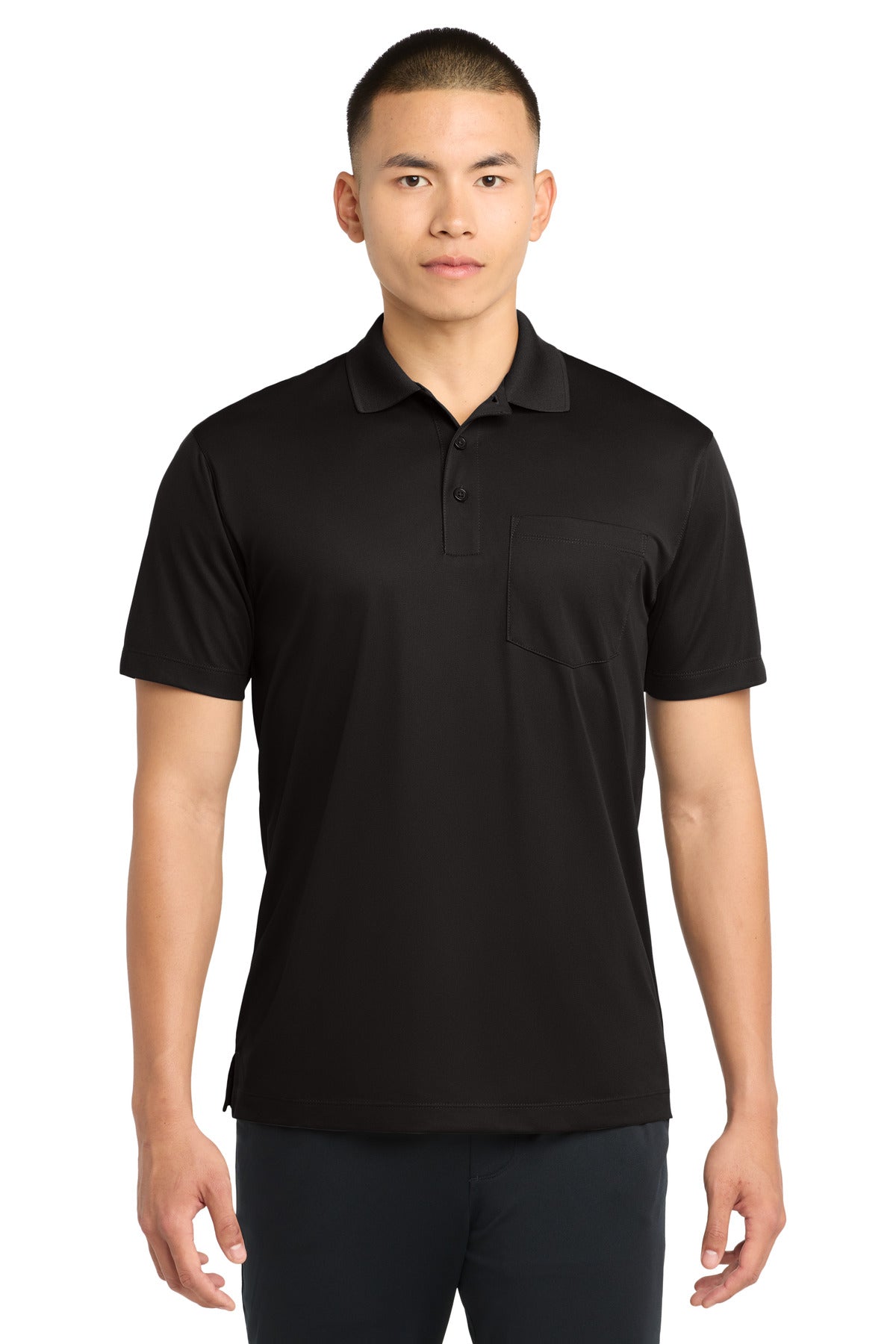 Custom Black Micropique Sport-Wick Pocket Polo ST651, personalized by SanCanDo Swag in Argyle, TX