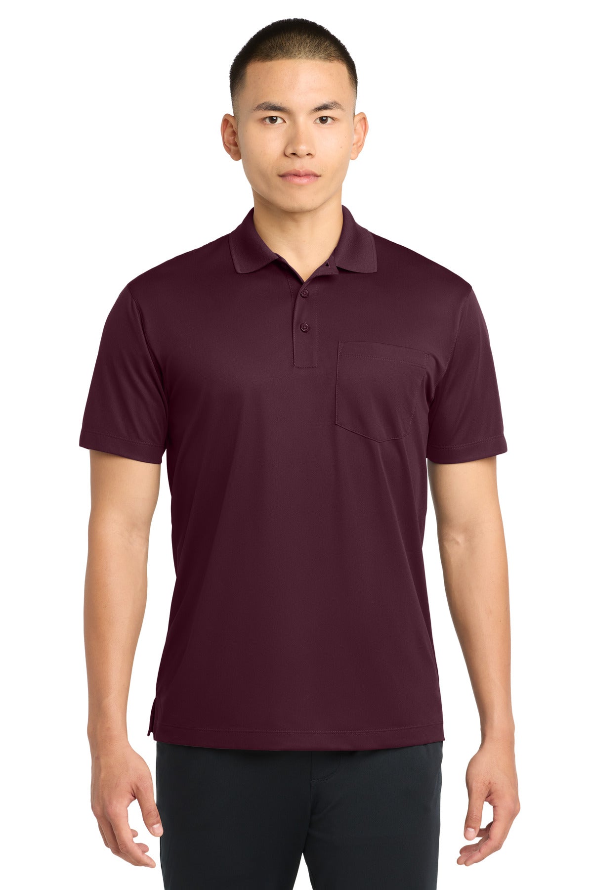 Custom Maroon Micropique Sport-Wick Pocket Polo ST651, personalized by SanCanDo Swag in Argyle, TX