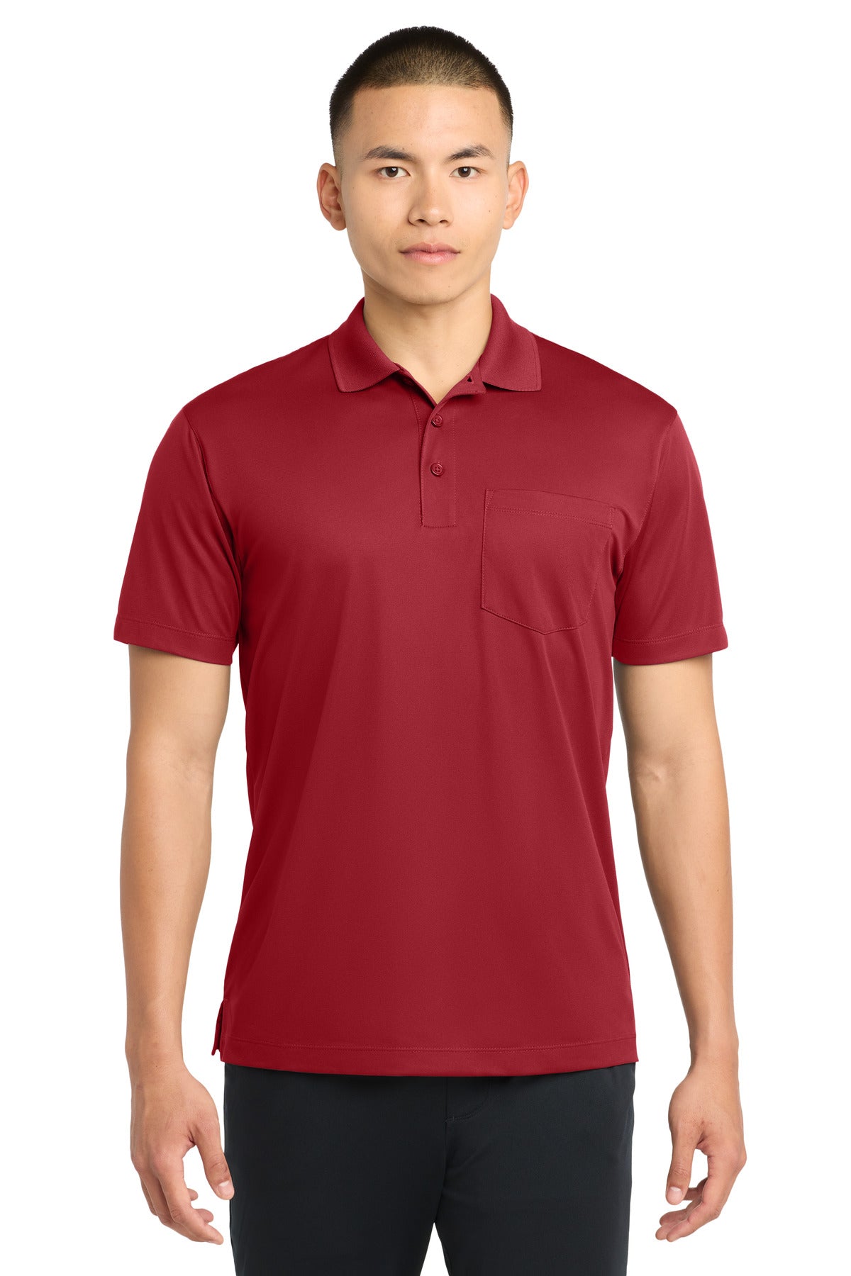 Custom True Red Micropique Sport-Wick Pocket Polo ST651, personalized by SanCanDo Swag in Argyle, TX