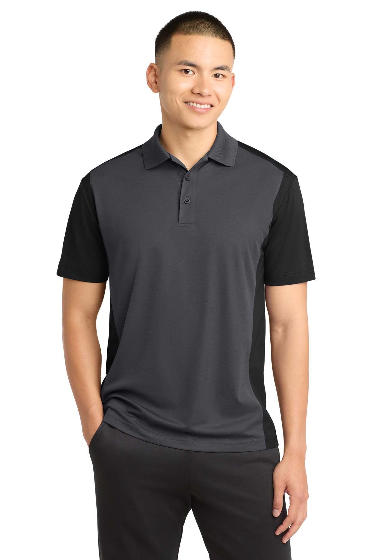 Custom Iron Grey/ Black Colorblock Micropique Sport-Wick Polo ST652, personalized by SanCanDo Swag in Argyle, TX