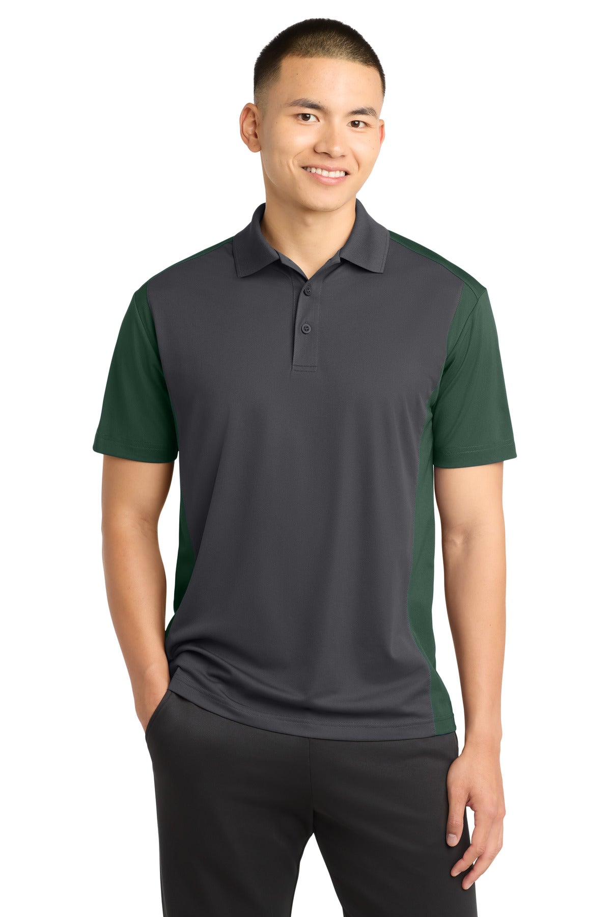 Custom Iron Grey/ Forest Green Colorblock Micropique Sport-Wick Polo ST652, personalized by SanCanDo Swag in Argyle, TX