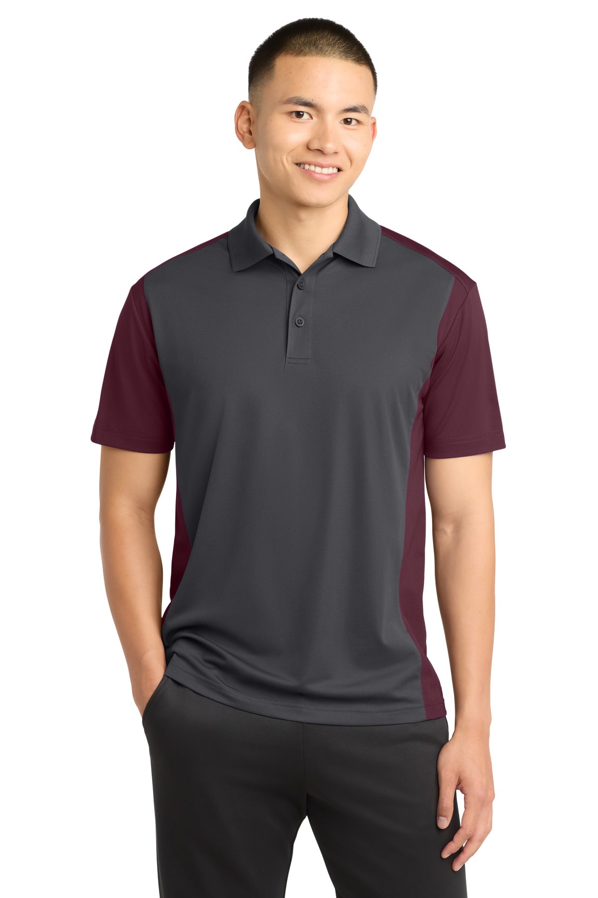 Custom Iron Grey/ Maroon Colorblock Micropique Sport-Wick Polo ST652, personalized by SanCanDo Swag in Argyle, TX