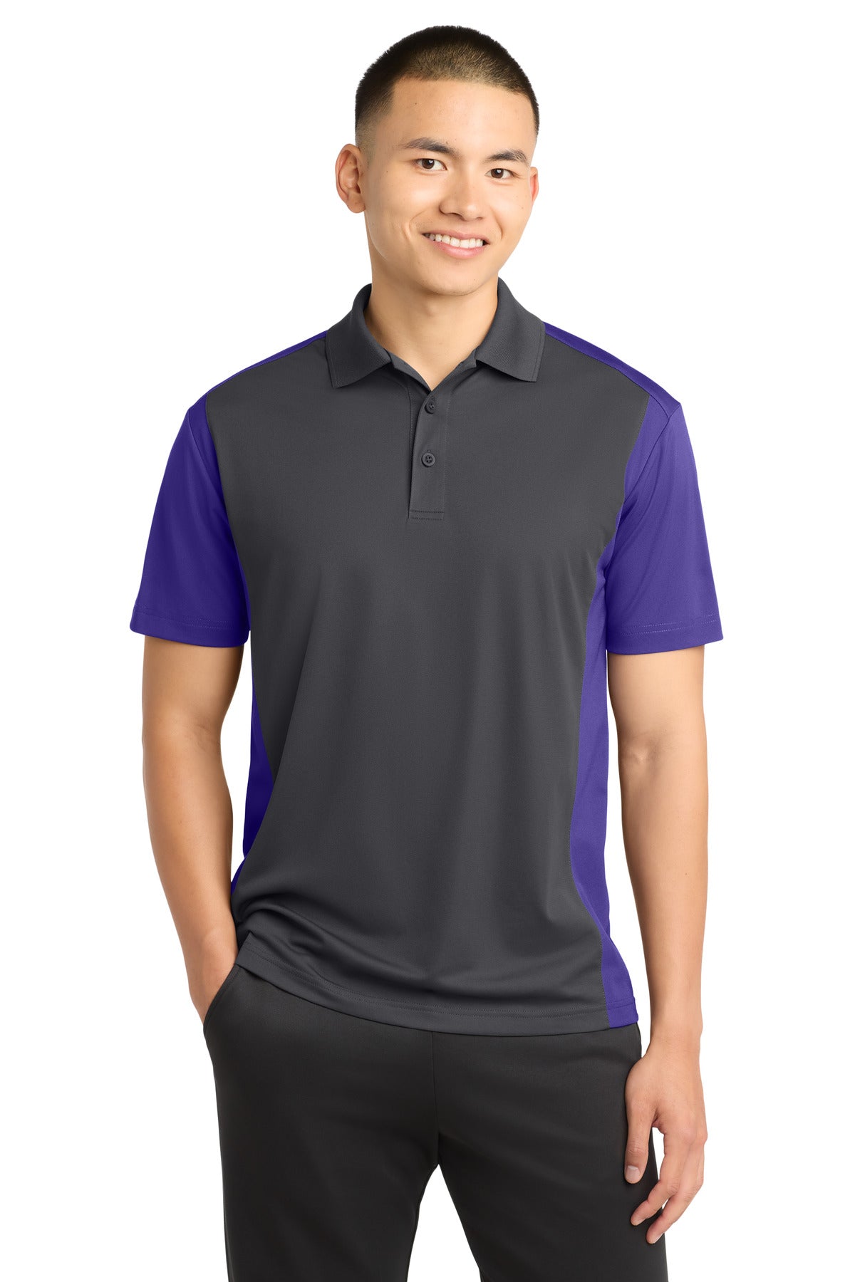 Custom Iron Grey/ Purple Colorblock Micropique Sport-Wick Polo ST652, personalized by SanCanDo Swag in Argyle, TX