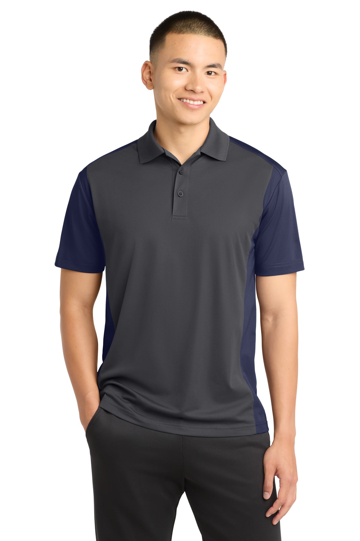 Custom Iron Grey/ True Navy Colorblock Micropique Sport-Wick Polo ST652, personalized by SanCanDo Swag in Argyle, TX