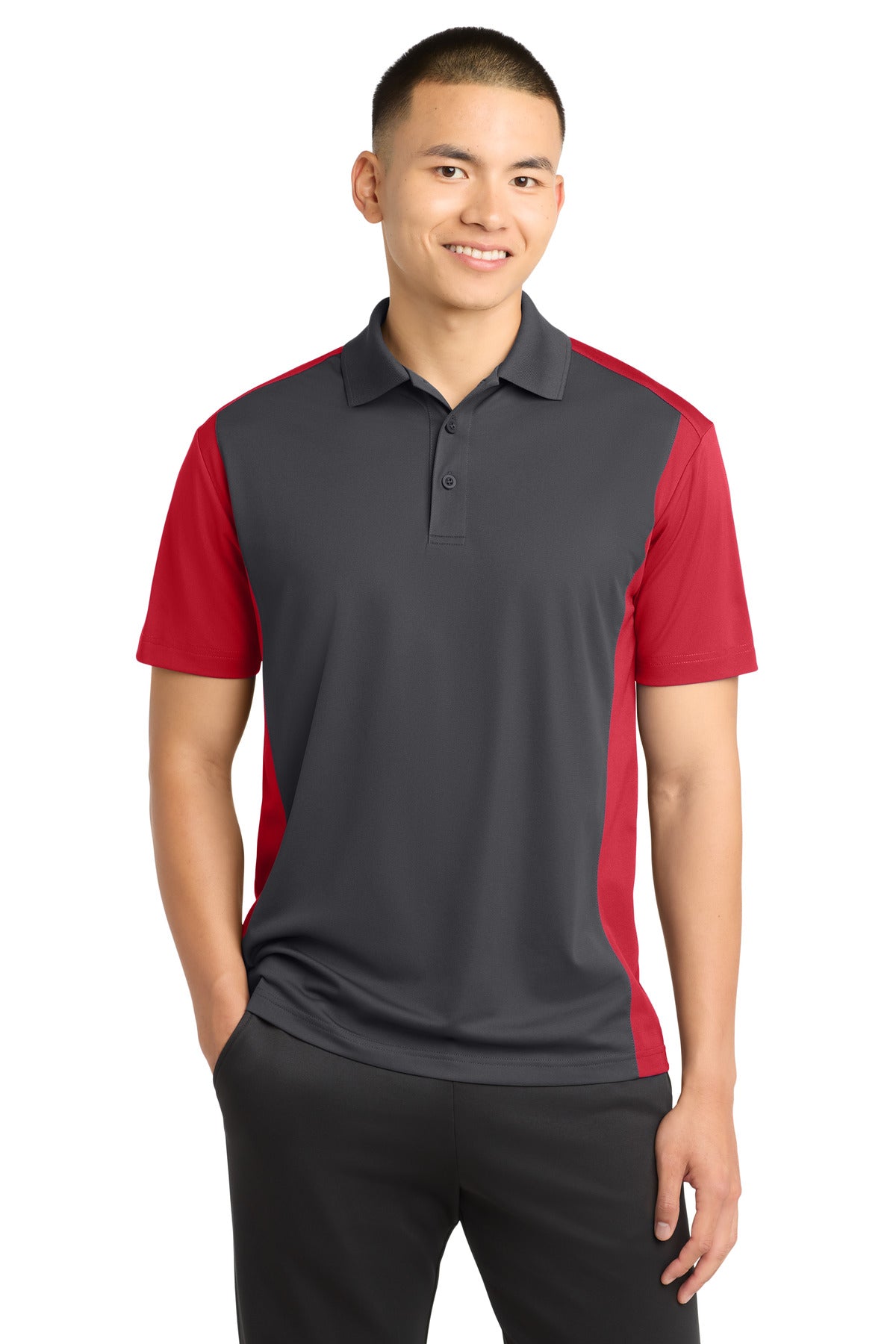Custom Iron Grey/ True Red Colorblock Micropique Sport-Wick Polo ST652, personalized by SanCanDo Swag in Argyle, TX