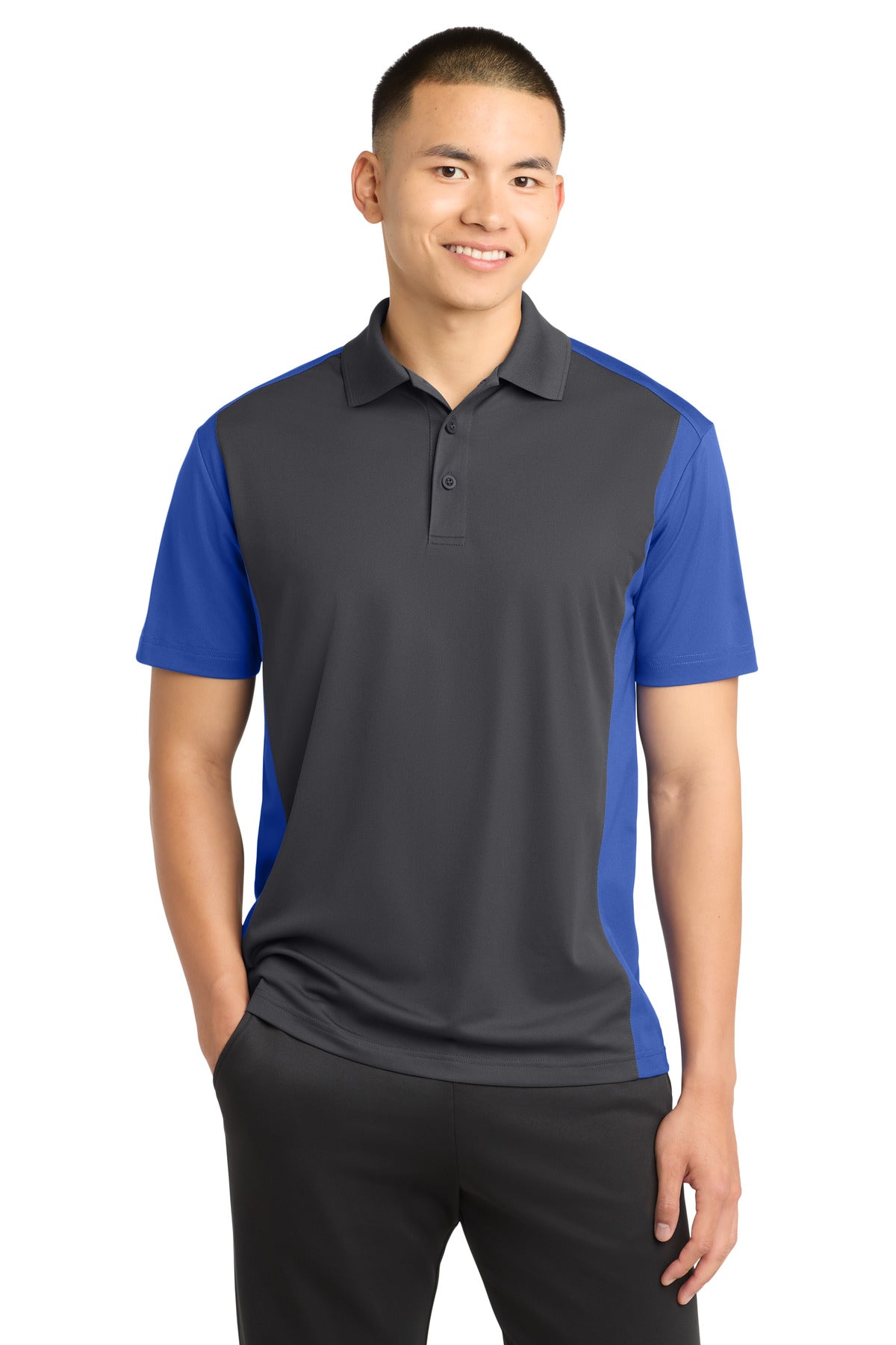 Custom Iron Grey/ True Royal Colorblock Micropique Sport-Wick Polo ST652, personalized by SanCanDo Swag in Argyle, TX