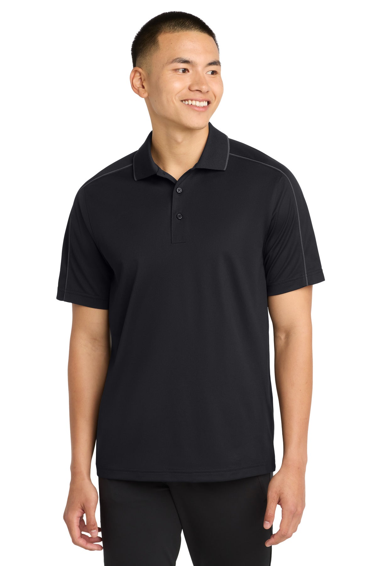 Custom Black/ Iron Grey Micropique Sport-Wick Piped Polo ST653, personalized by SanCanDo Swag in Argyle, TX