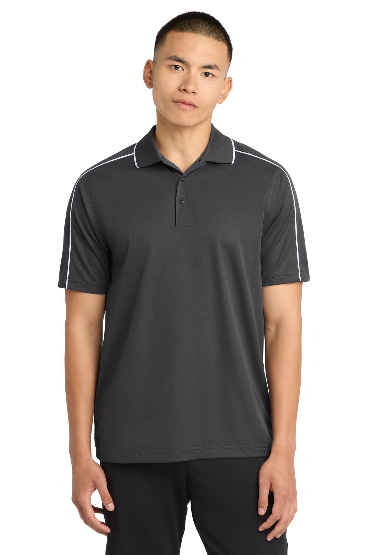 Custom Iron Grey/ White Micropique Sport-Wick Piped Polo ST653, personalized by SanCanDo Swag in Argyle, TX