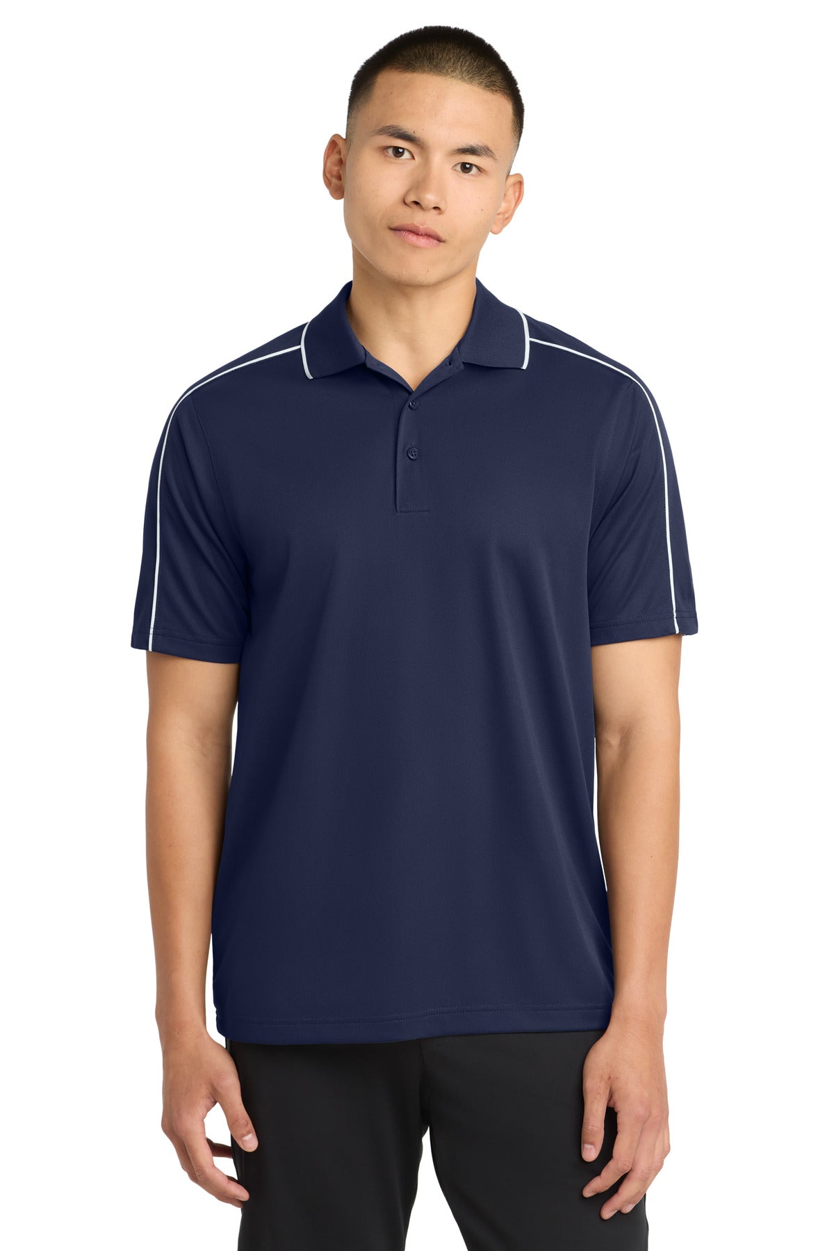 Custom True Navy/ White Micropique Sport-Wick Piped Polo ST653, personalized by SanCanDo Swag in Argyle, TX