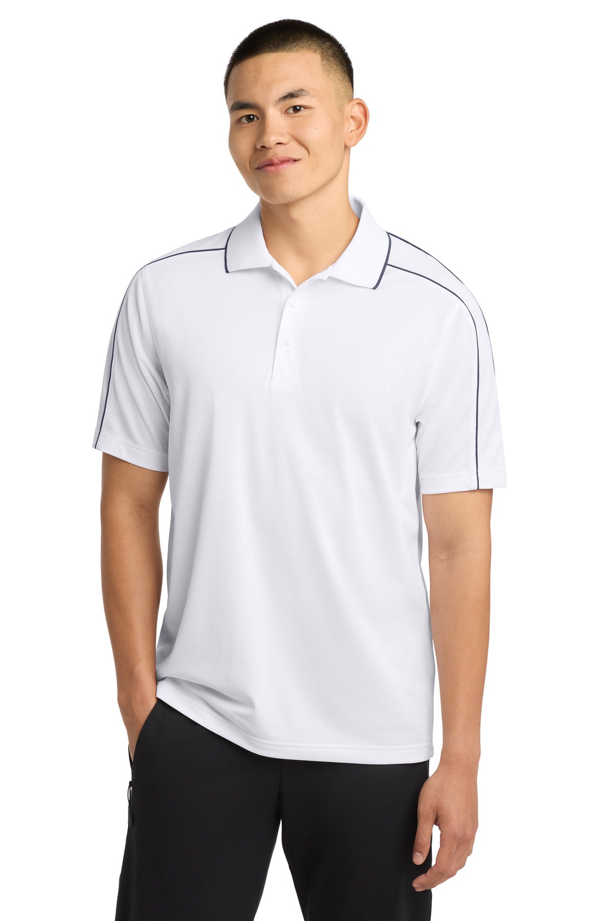 Custom White/ Iron Grey Micropique Sport-Wick Piped Polo ST653, personalized by SanCanDo Swag in Argyle, TX