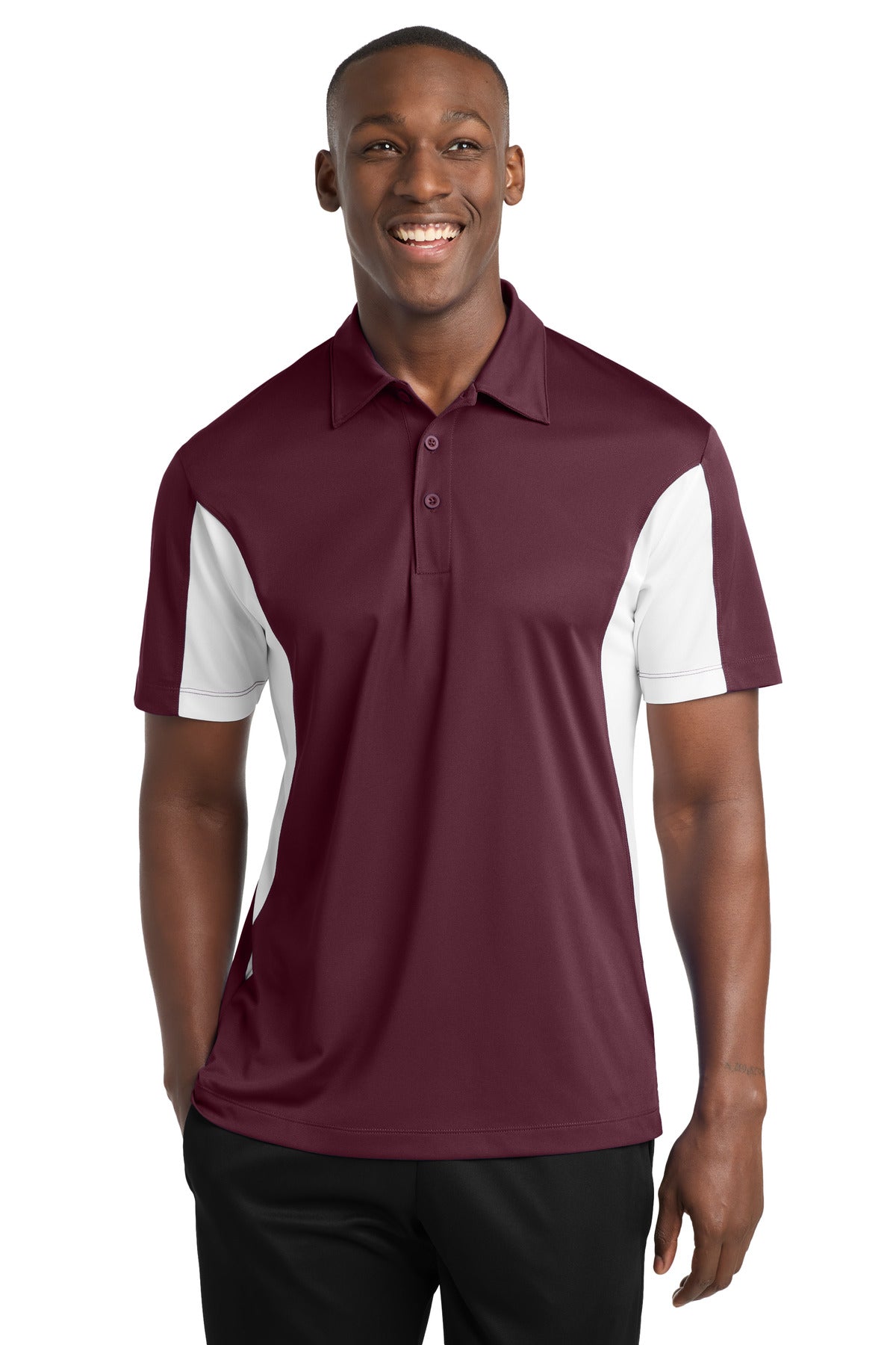 Custom Maroon/ White Side Blocked Micropique Sport-Wick Polo ST655, personalized by SanCanDo Swag in Argyle, TX