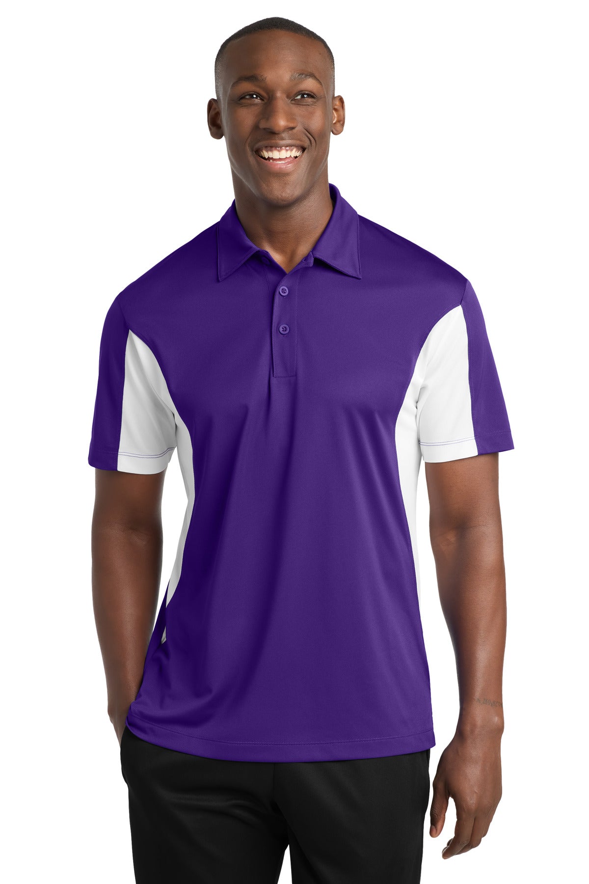 Custom Purple/ White Side Blocked Micropique Sport-Wick Polo ST655, personalized by SanCanDo Swag in Argyle, TX