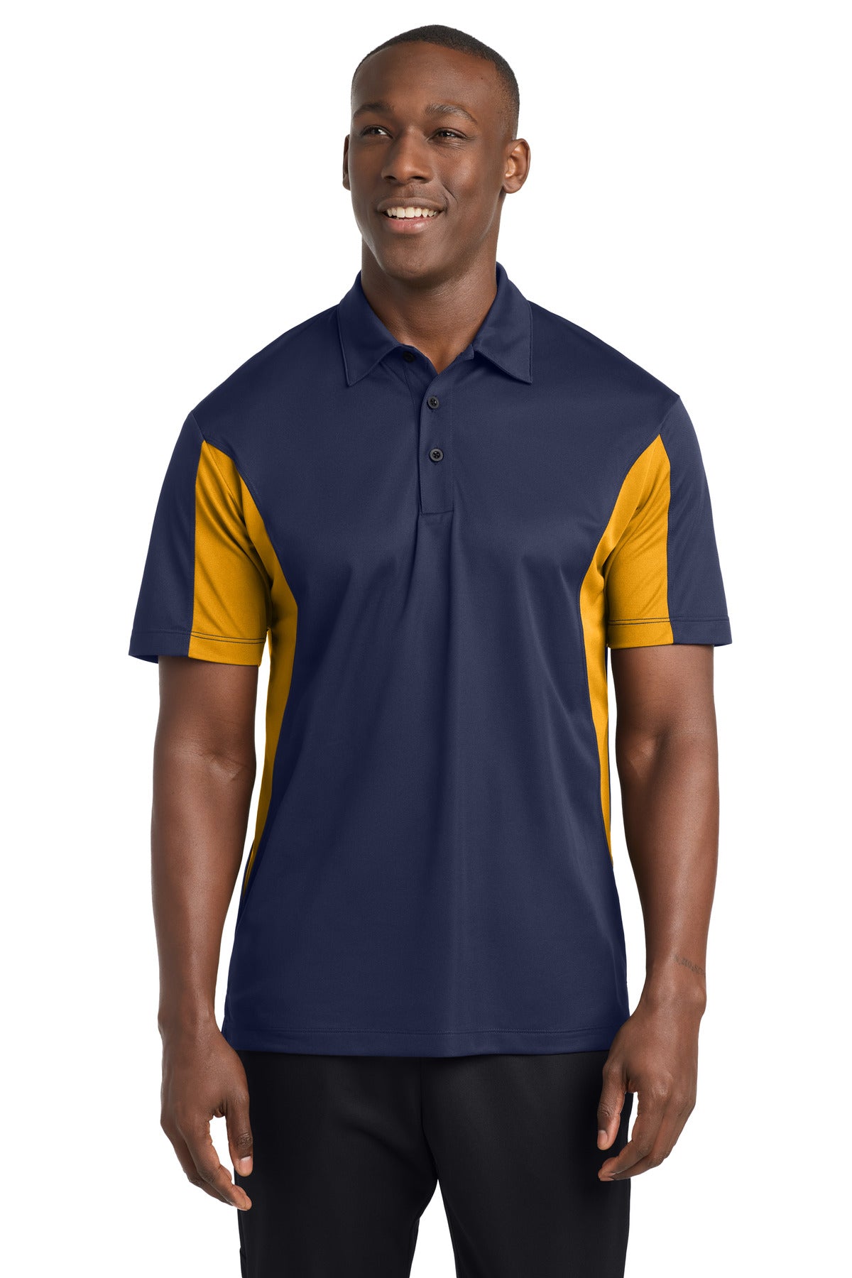 Custom True Navy/ Gold Side Blocked Micropique Sport-Wick Polo ST655, personalized by SanCanDo Swag in Argyle, TX