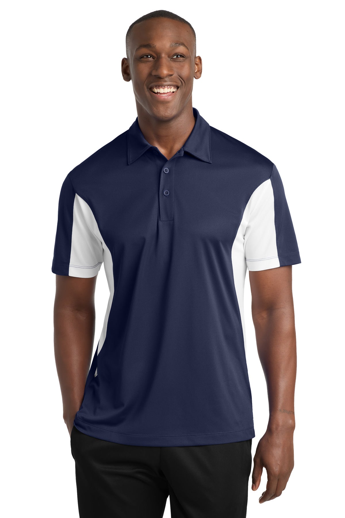 Custom True Navy/ White Side Blocked Micropique Sport-Wick Polo ST655, personalized by SanCanDo Swag in Argyle, TX
