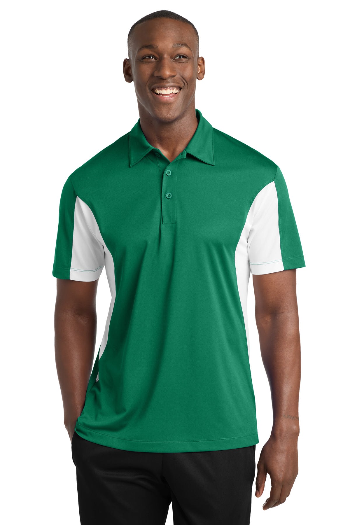Custom Kelly Green/ White Side Blocked Micropique Sport-Wick Polo ST655, personalized by SanCanDo Swag in Argyle, TX