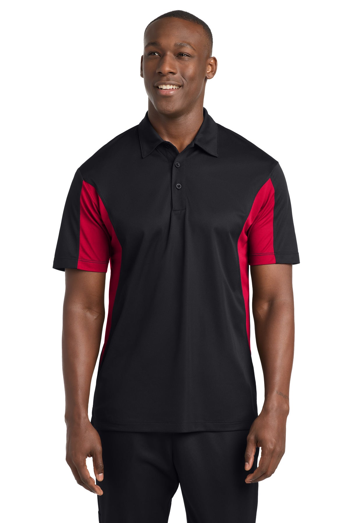 Custom Black/ Deep Red Side Blocked Micropique Sport-Wick Polo ST655, personalized by SanCanDo Swag in Argyle, TX
