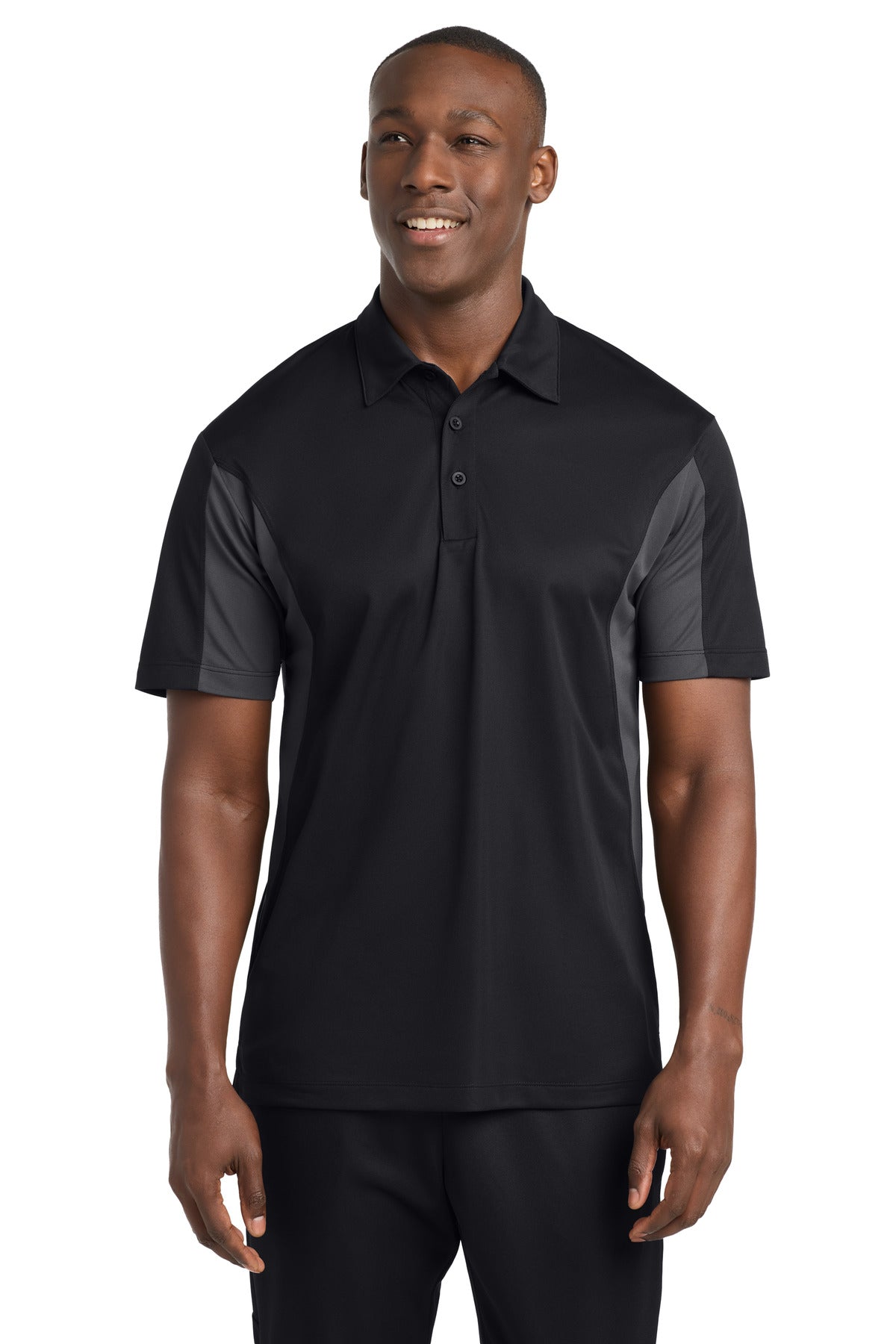 Custom Black/ Iron Grey Side Blocked Micropique Sport-Wick Polo ST655, personalized by SanCanDo Swag in Argyle, TX