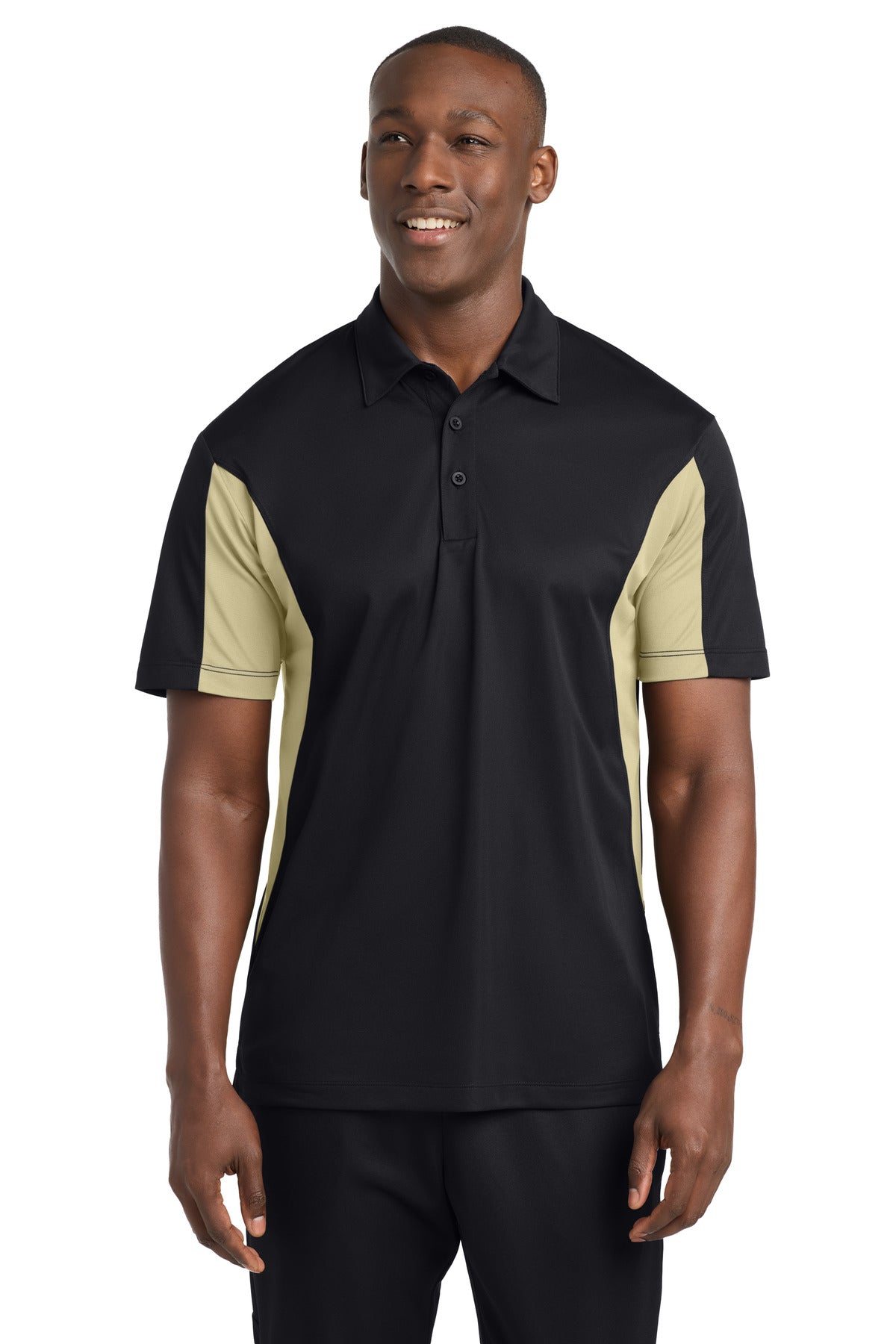 Custom Black/ Vegas Gold Side Blocked Micropique Sport-Wick Polo ST655, personalized by SanCanDo Swag in Argyle, TX