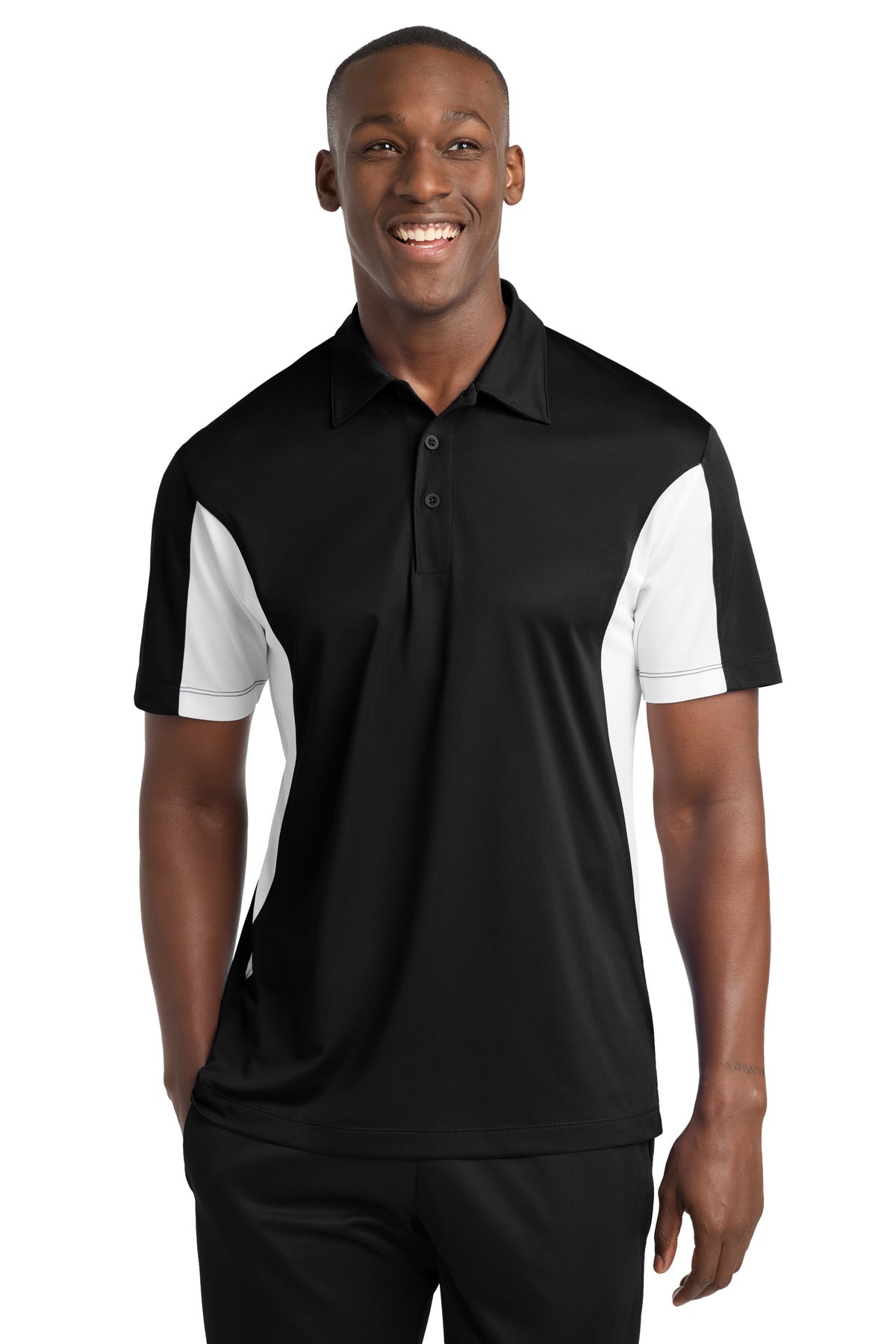 Custom Black/ White Side Blocked Micropique Sport-Wick Polo ST655, personalized by SanCanDo Swag in Argyle, TX