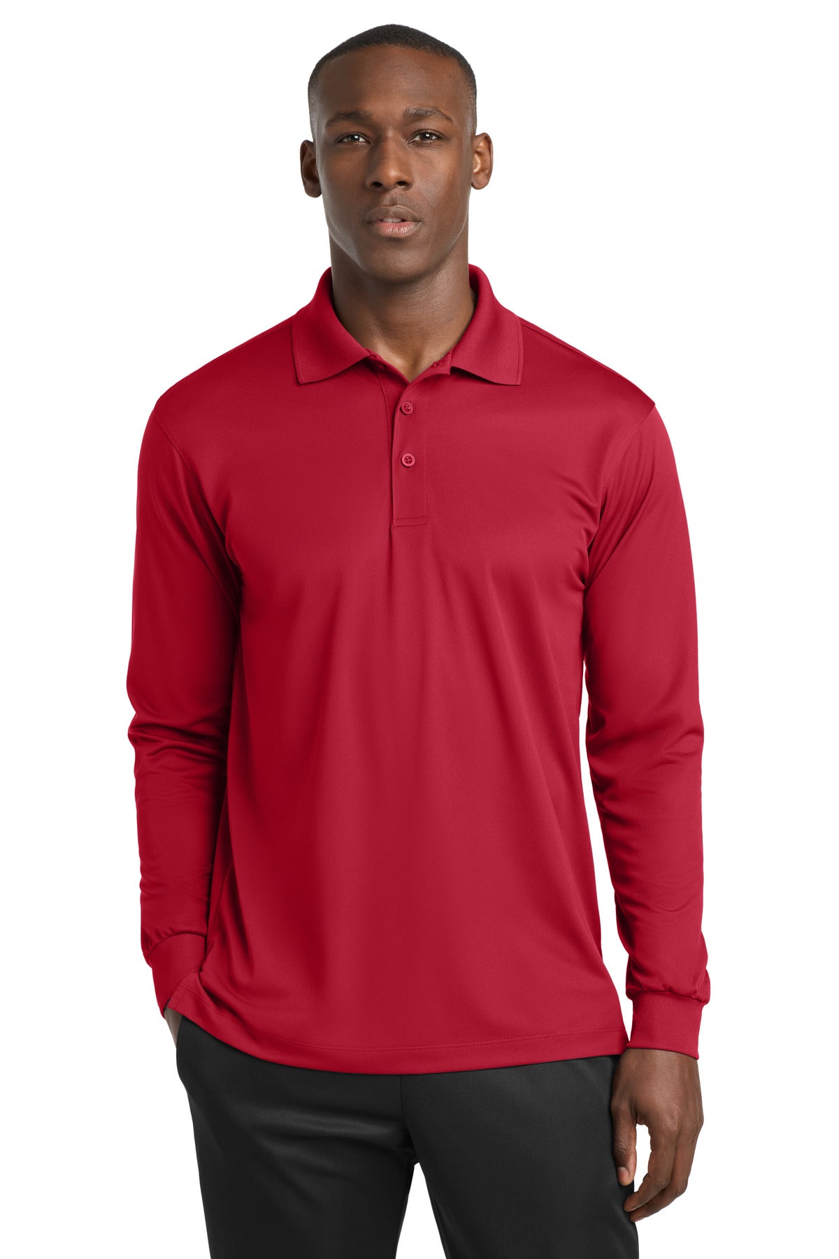 Custom Deep Red Long Sleeve Micropique Sport-Wick Polo ST657, personalized by SanCanDo Swag in Argyle, TX