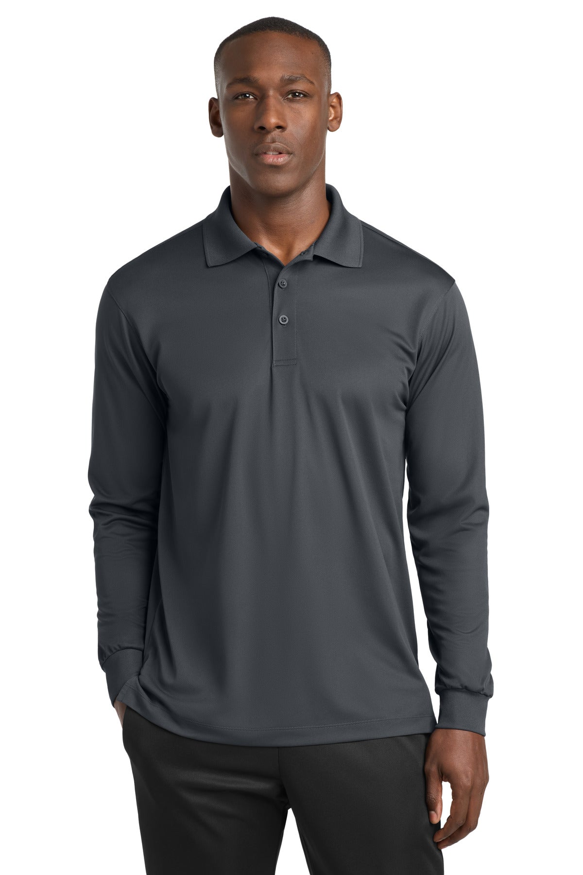 Custom Iron Grey Long Sleeve Micropique Sport-Wick Polo ST657, personalized by SanCanDo Swag in Argyle, TX