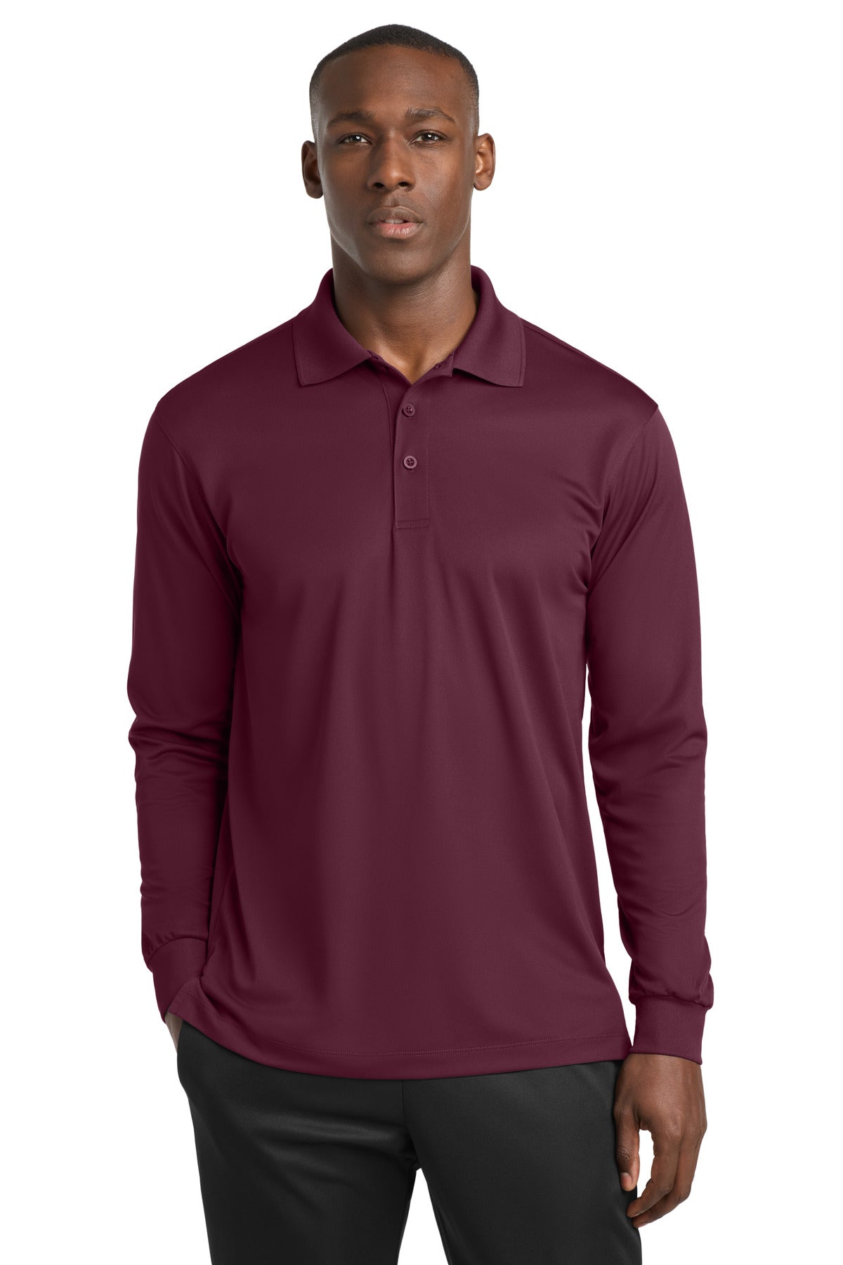 Custom Maroon Long Sleeve Micropique Sport-Wick Polo ST657, personalized by SanCanDo Swag in Argyle, TX