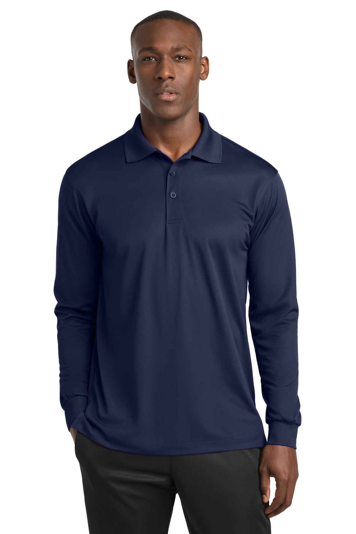 Custom True Navy Long Sleeve Micropique Sport-Wick Polo ST657, personalized by SanCanDo Swag in Argyle, TX