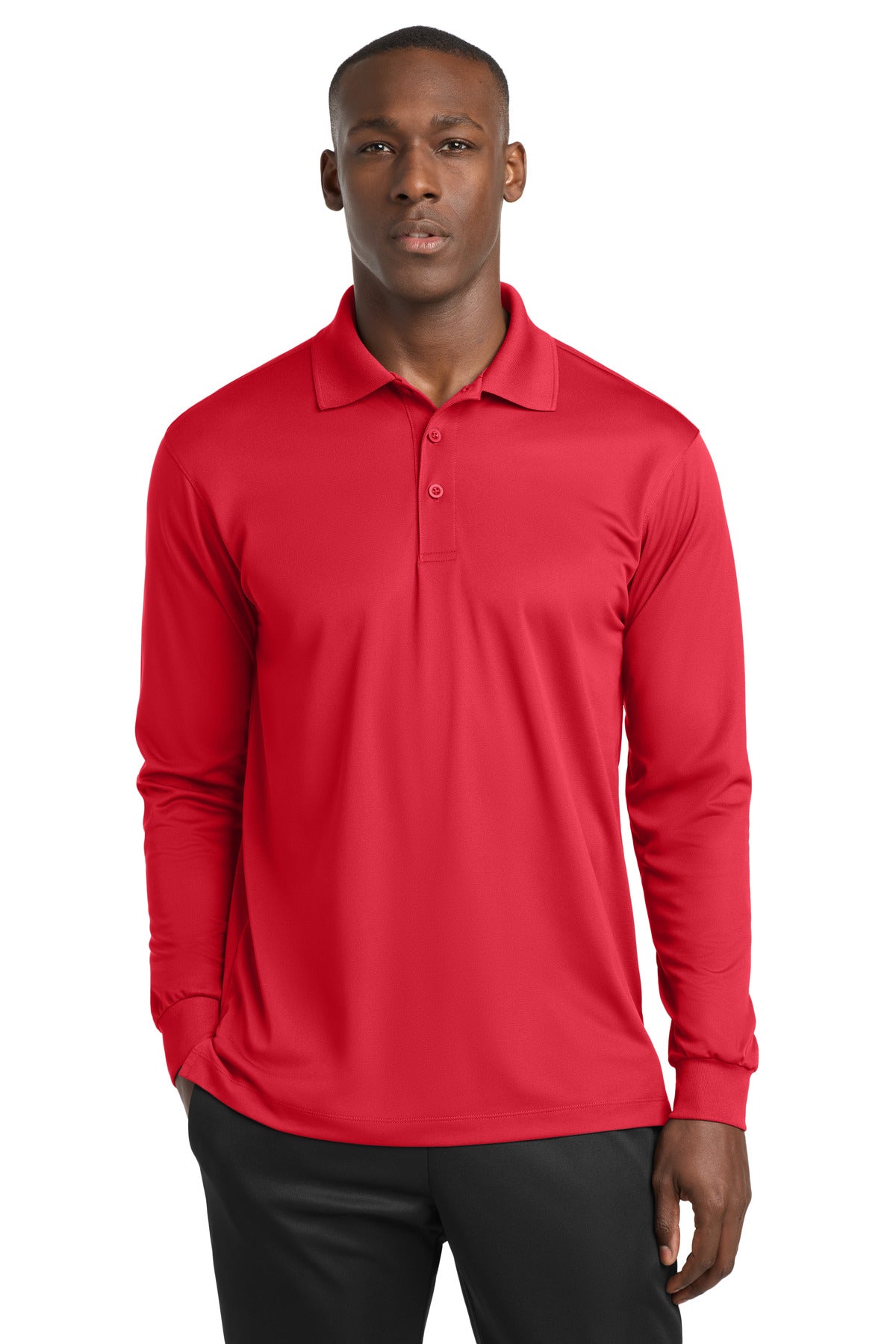 Custom True Red Long Sleeve Micropique Sport-Wick Polo ST657, personalized by SanCanDo Swag in Argyle, TX