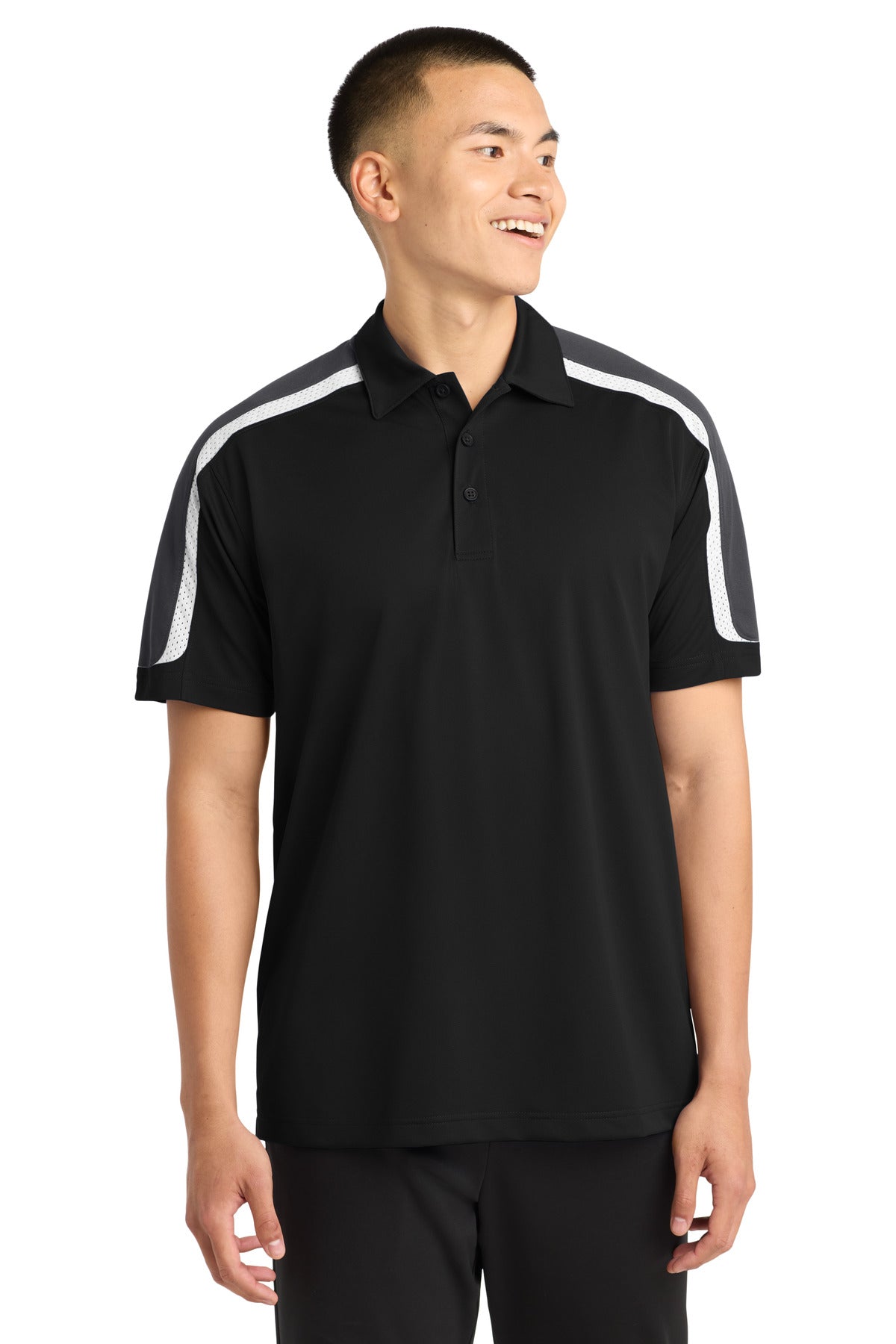 Custom Black/ Iron Grey/ White Shoulder Micropique Sport-Wick Polo ST658, personalized by SanCanDo Swag in Argyle, TX