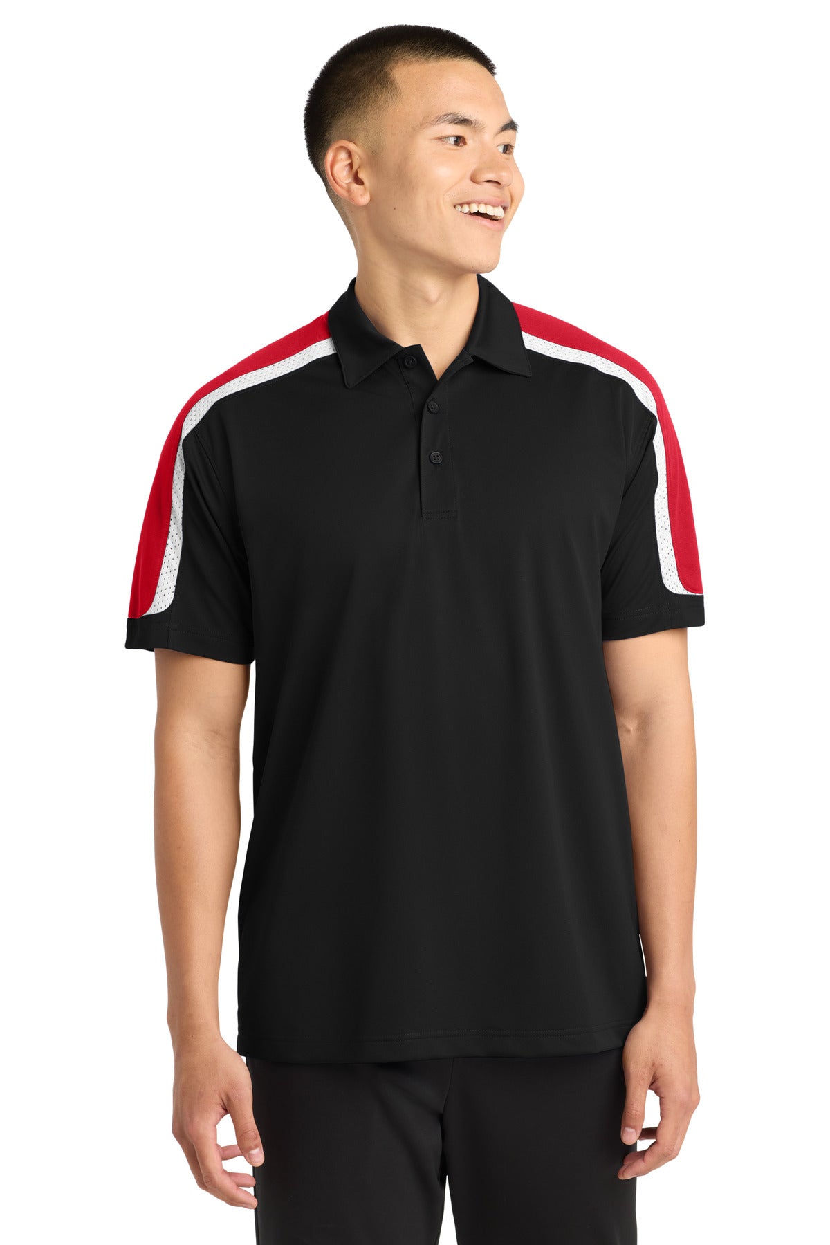 Custom Black/ True Red/ White Shoulder Micropique Sport-Wick Polo ST658, personalized by SanCanDo Swag in Argyle, TX