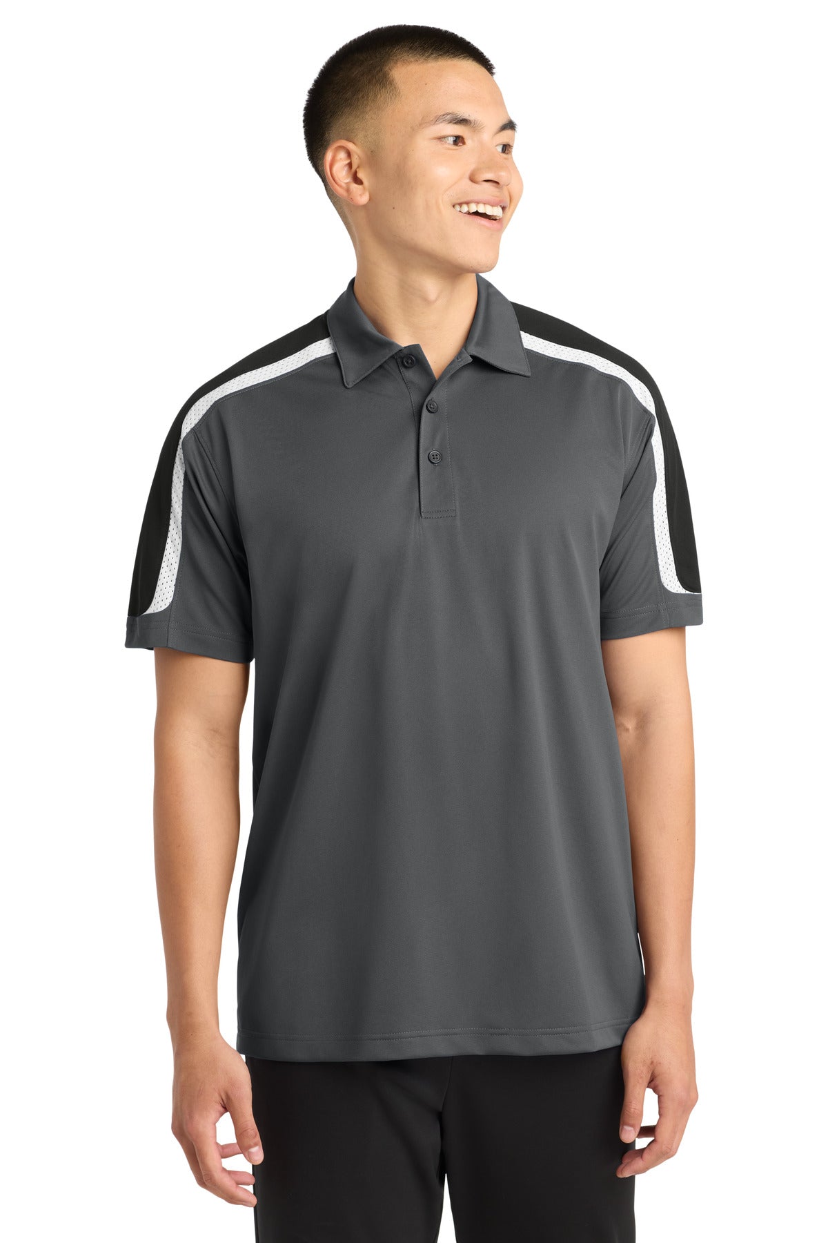 Custom Iron Grey/ Black/ White Shoulder Micropique Sport-Wick Polo ST658, personalized by SanCanDo Swag in Argyle, TX