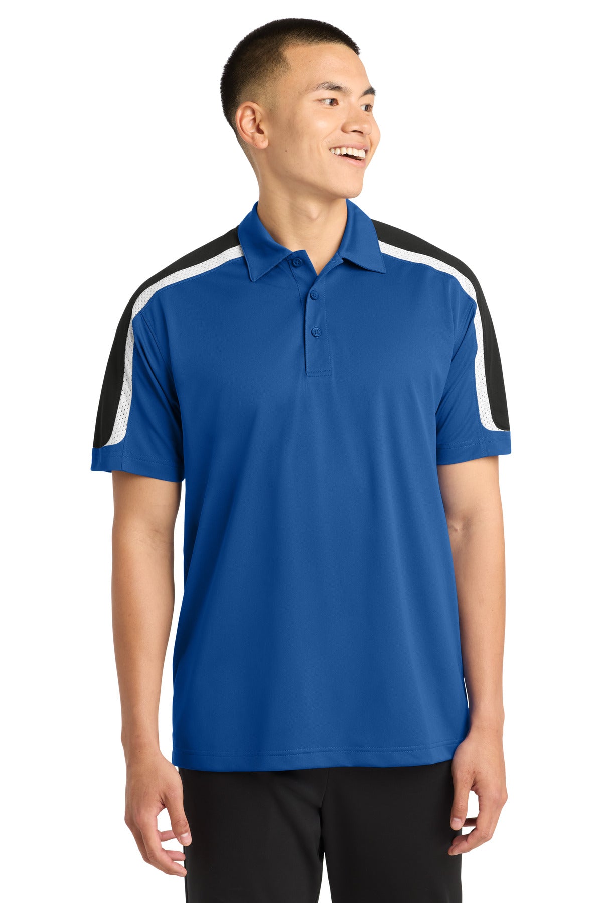 Custom True Royal/ Black/ White Shoulder Micropique Sport-Wick Polo ST658, personalized by SanCanDo Swag in Argyle, TX
