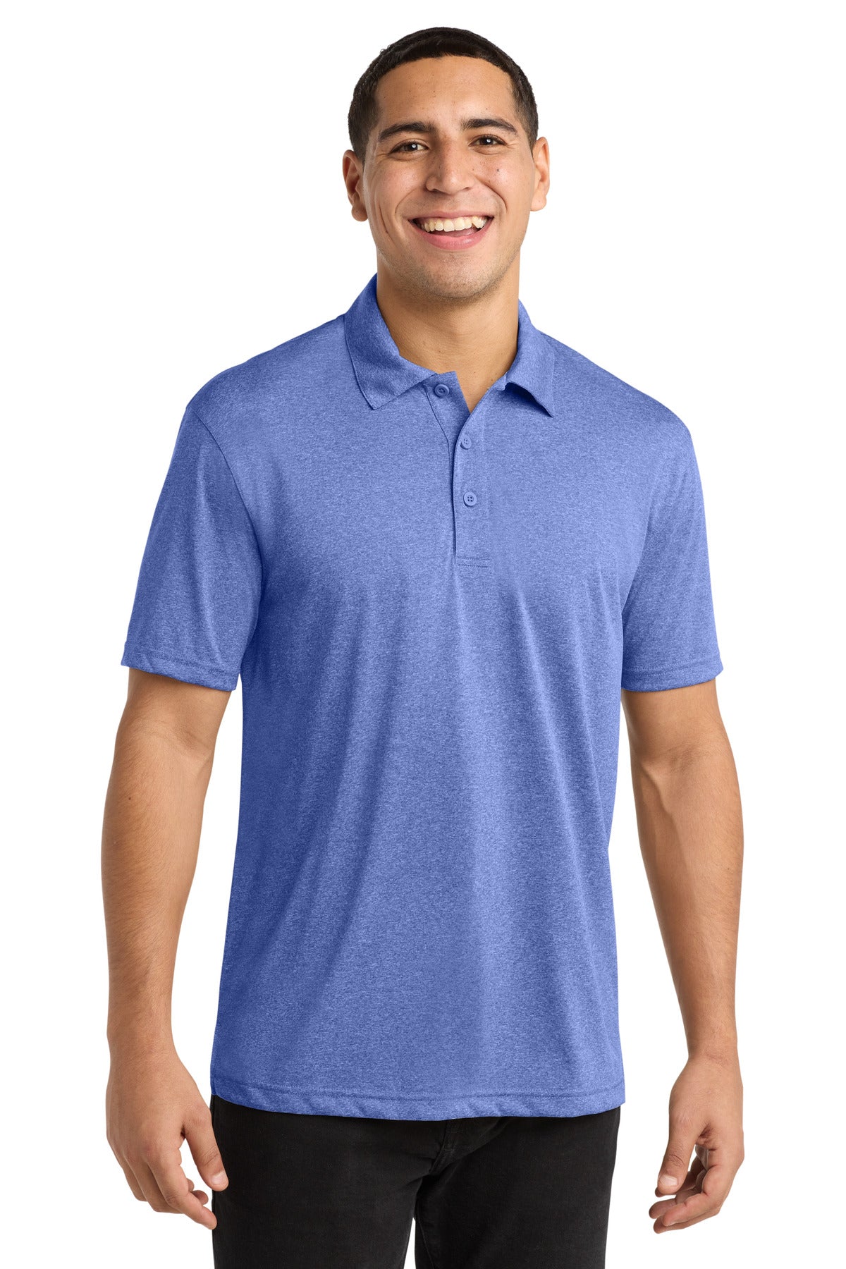 Custom True Royal Heather Heather Contender Polo ST660, personalized by SanCanDo Swag in Argyle, TX