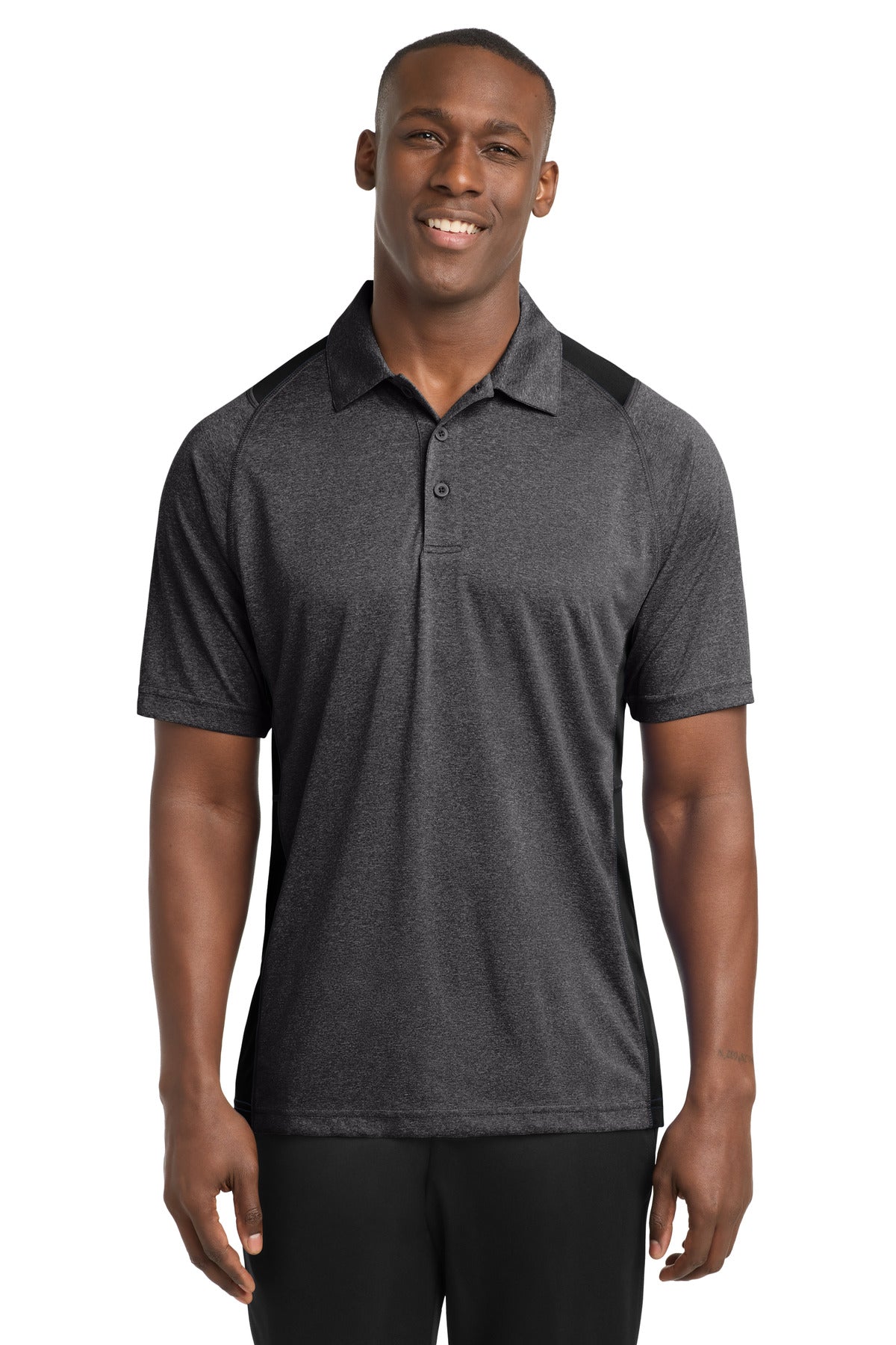 Custom Graphite Heather/ Black Heather Colorblock Contender Polo ST665, personalized by SanCanDo Swag in Argyle, TX