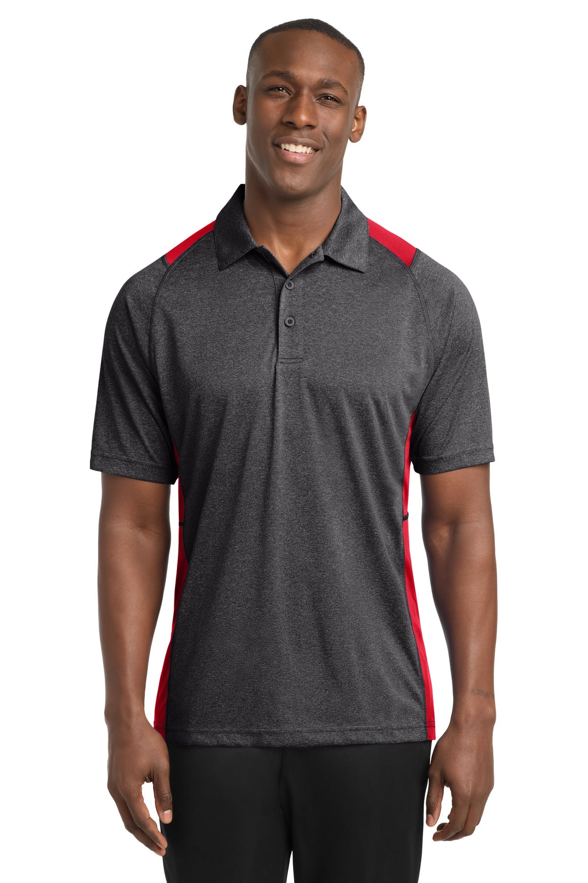 Custom Graphite Heather/ True Red Heather Colorblock Contender Polo ST665, personalized by SanCanDo Swag in Argyle, TX