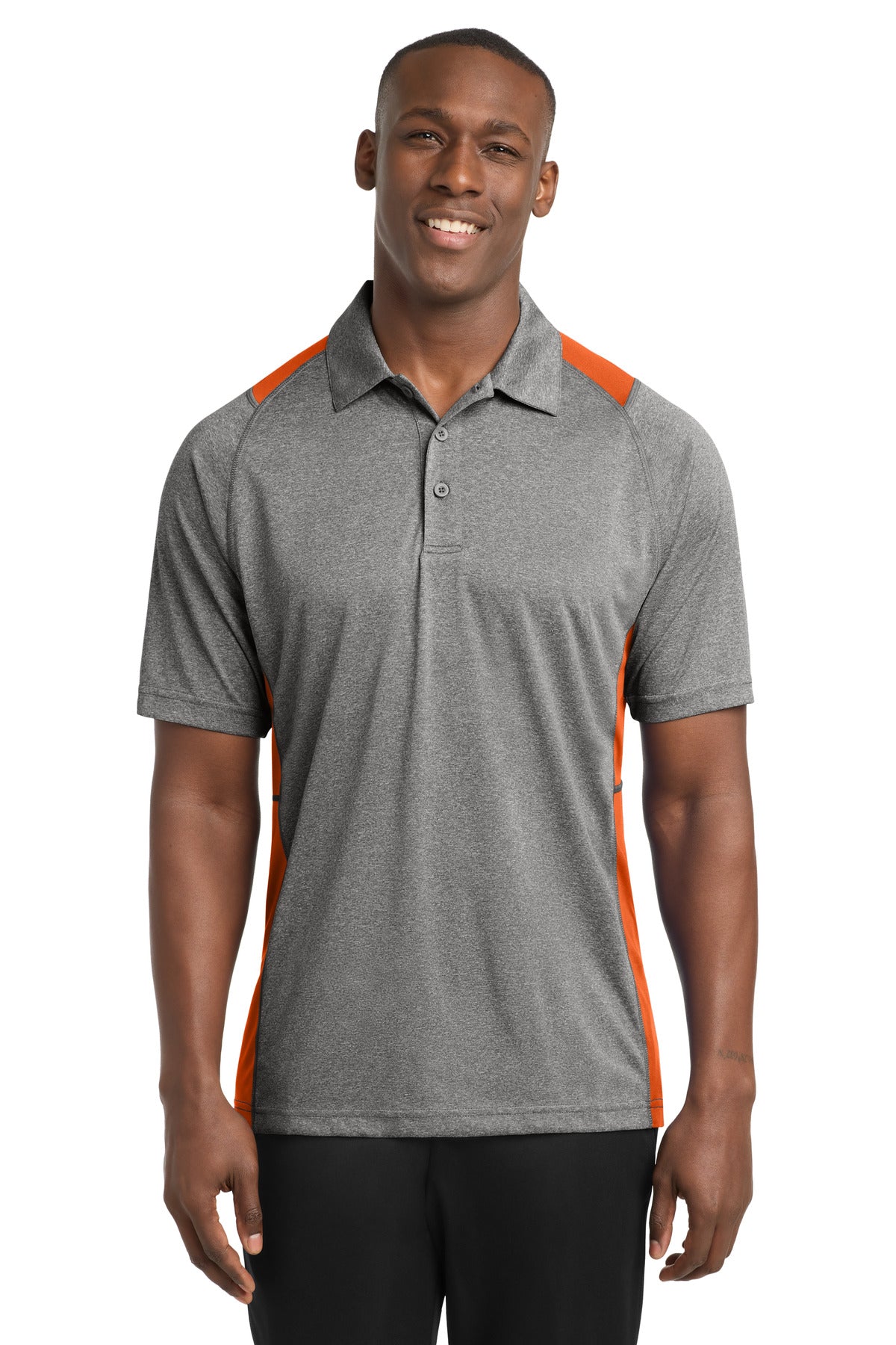 Custom Vintage Heather/ Deep Orange Heather Colorblock Contender Polo ST665, personalized by SanCanDo Swag in Argyle, TX