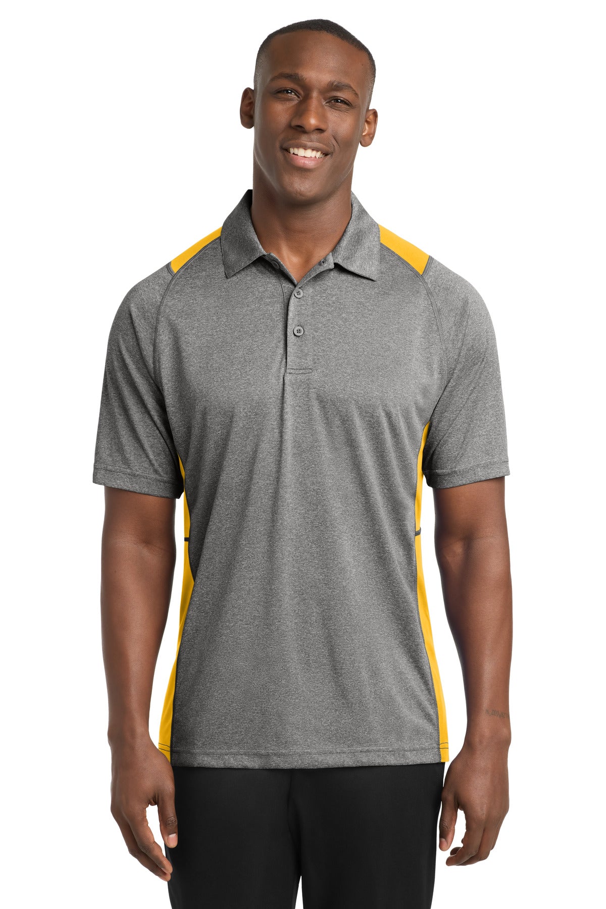 Custom Vintage Heather/ Gold Heather Colorblock Contender Polo ST665, personalized by SanCanDo Swag in Argyle, TX