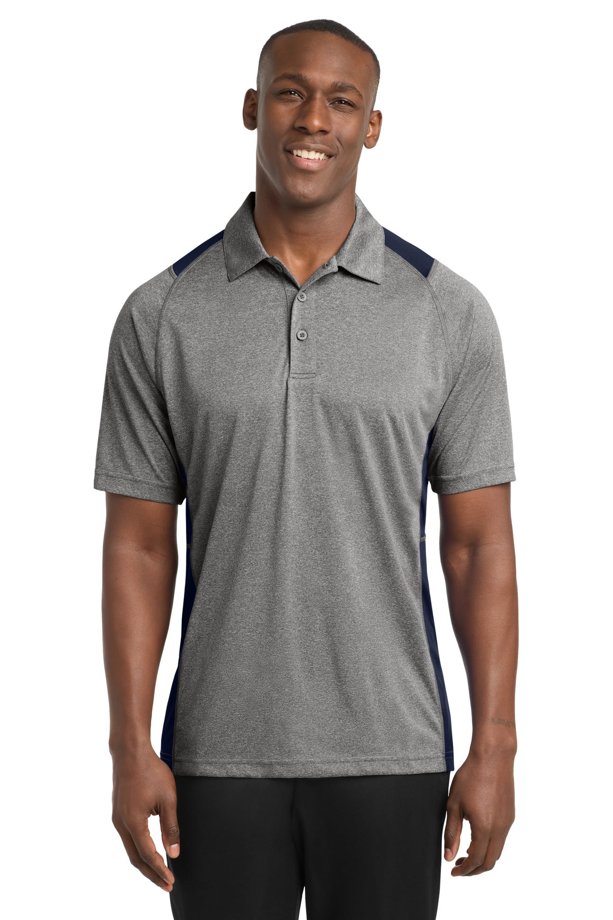 Custom Vintage Heather/ True Navy Heather Colorblock Contender Polo ST665, personalized by SanCanDo Swag in Argyle, TX