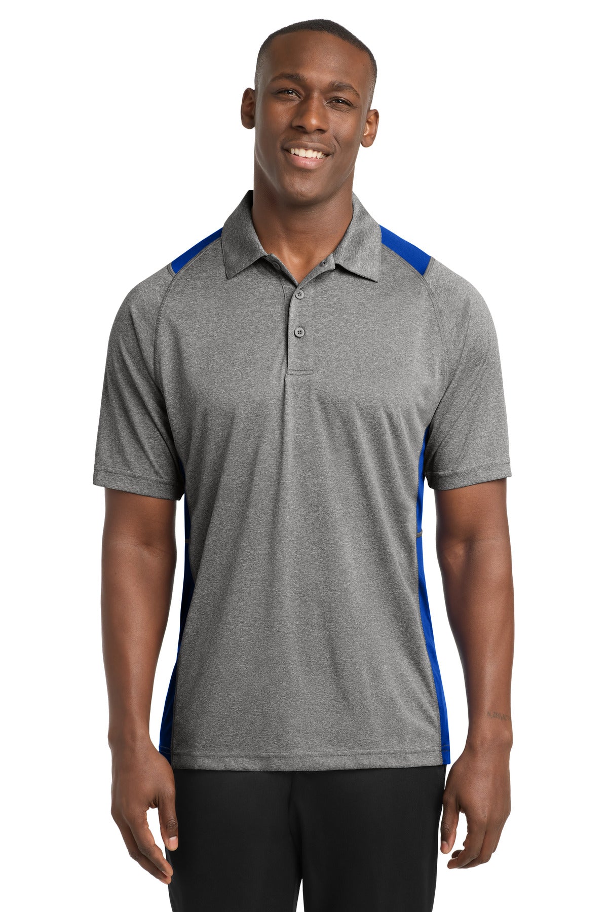 Custom Vintage Heather/ True Royal Heather Colorblock Contender Polo ST665, personalized by SanCanDo Swag in Argyle, TX