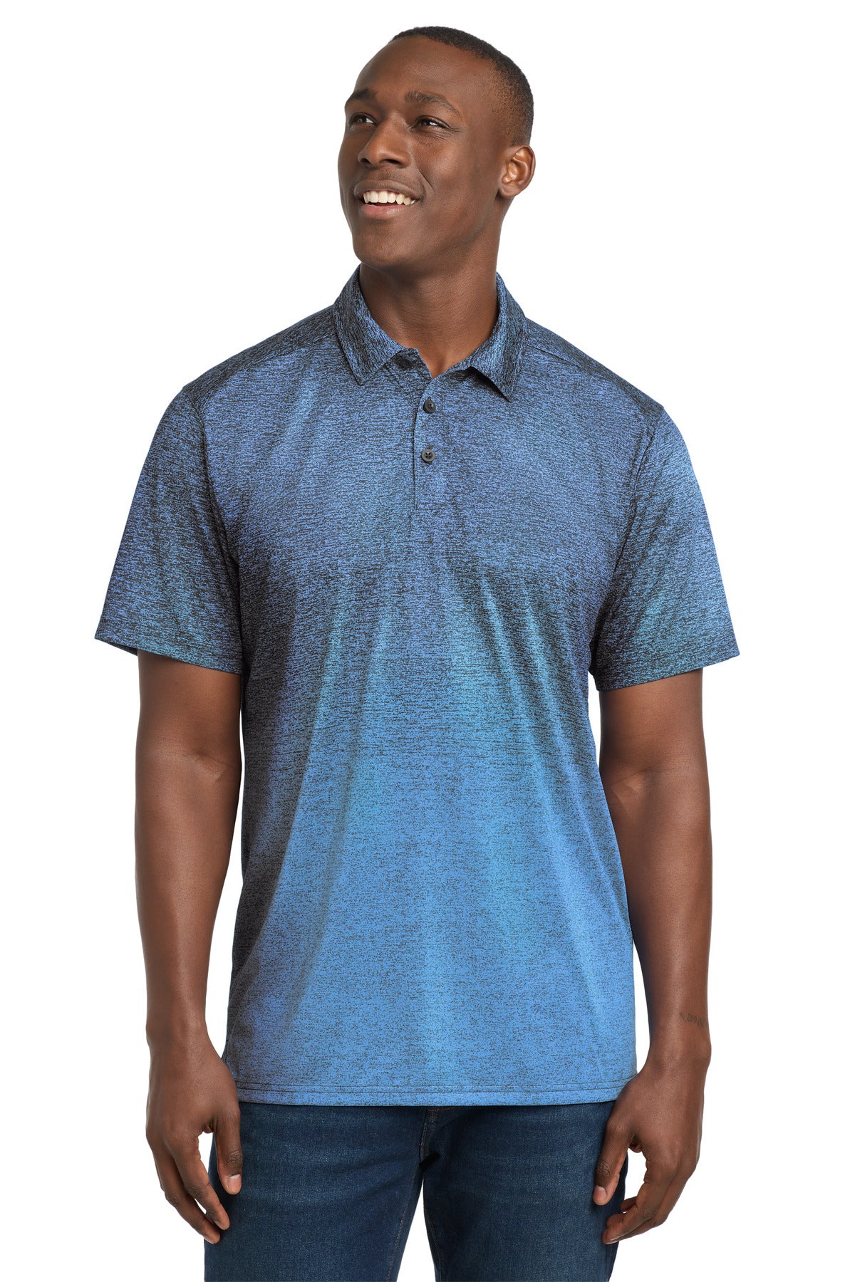 Custom Carolina Blue/ True Navy Ombre Heather Polo ST671, personalized by SanCanDo Swag in Argyle, TX