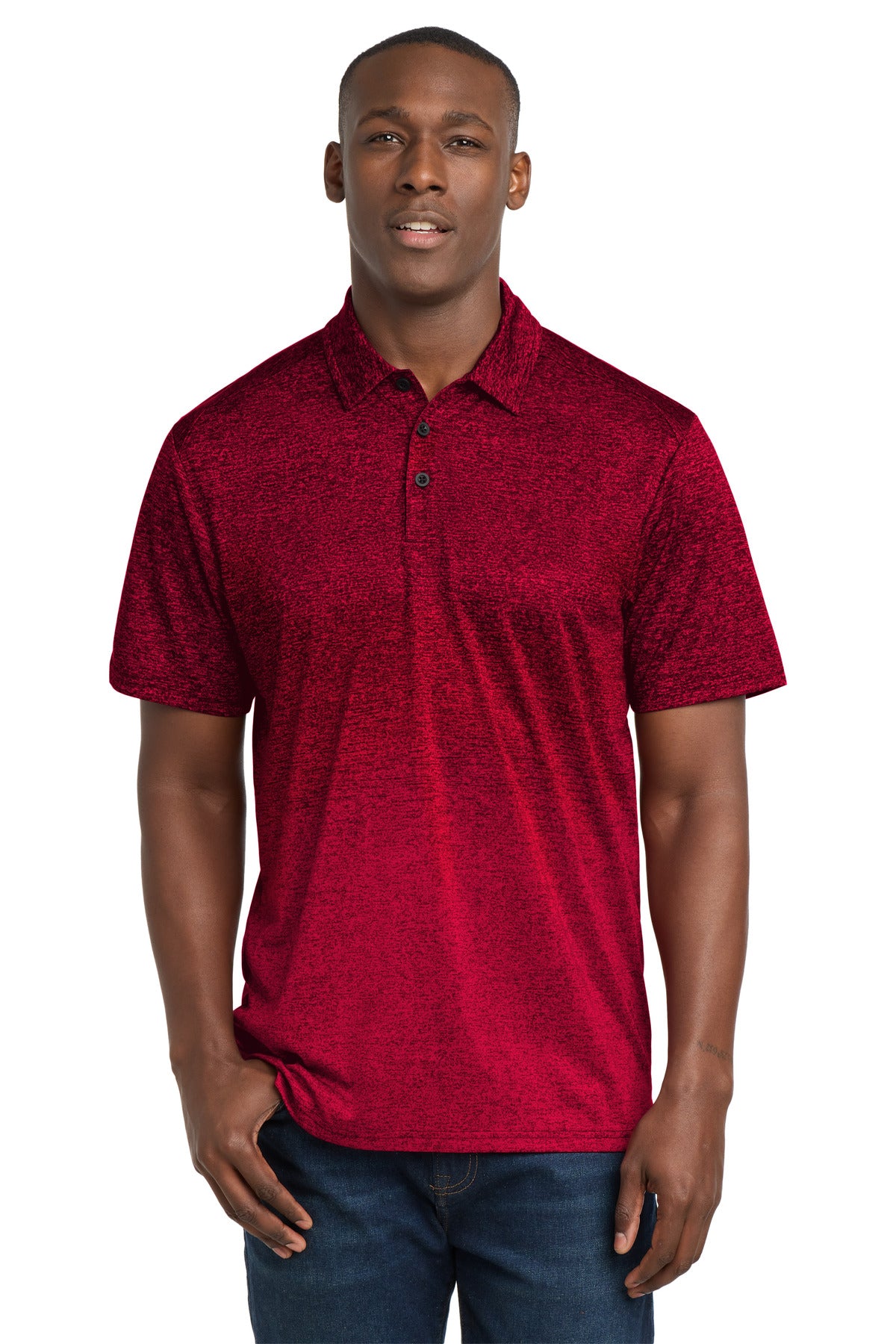 Custom Deep Red/ Black Ombre Heather Polo ST671, personalized by SanCanDo Swag in Argyle, TX